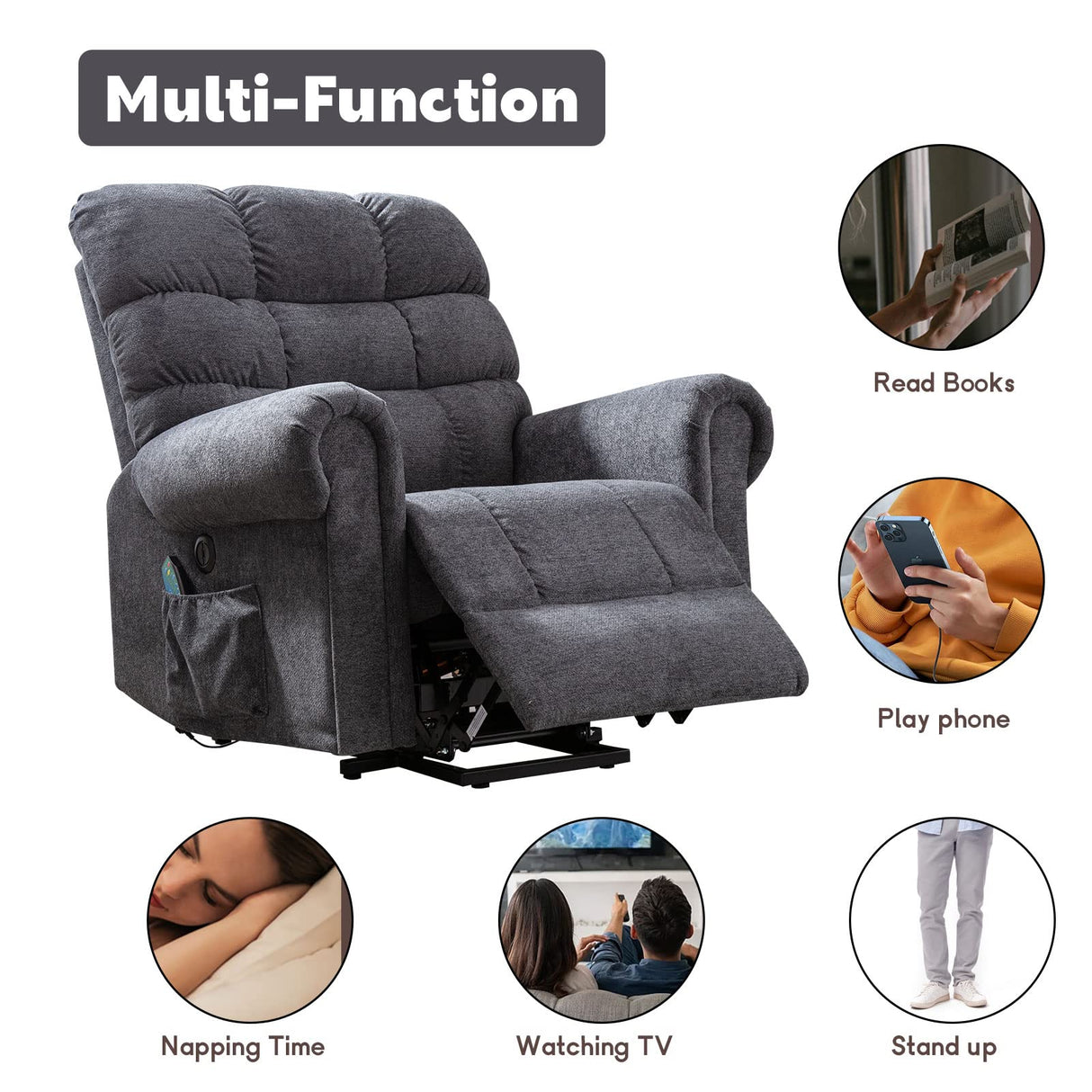 CANMOV Large Power Lift Recliner Chairs with Massage and Heat for Elderly Big People, Heavy Duty Electric Reclining Chairs Overstuffed Wide Recliner with USB Port and Side Pocket, Gray CANMOV