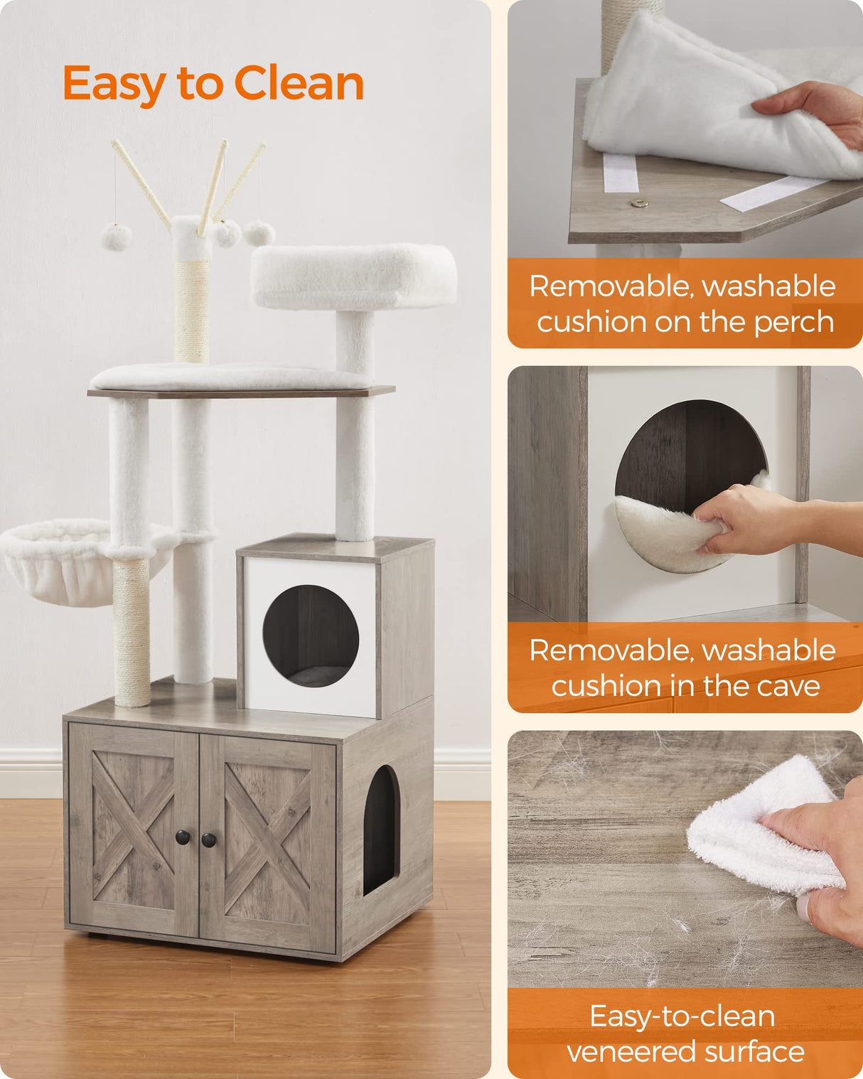 Feandrea Cat Tree with Litter Box Enclosure, 2-in-1 Modern Cat Tower, 54.3-Inch Cat Condo with Scratching Posts, Removable Pompom Sticks, Greige UPCT113G01 Feandrea