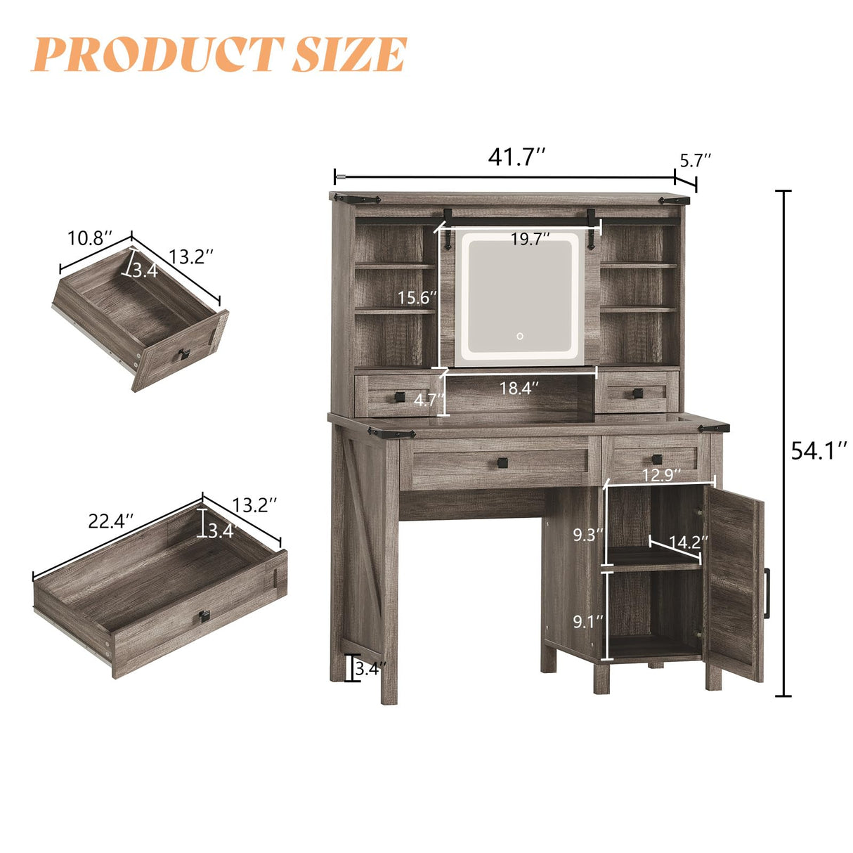 AMERLIFE 42'' Farmhouse Makeup Vanity Desk with Sliding Mirror and Lights, Glass Tabletop Vanity Table with 2 Drawers & Shelves for Bedroom, Light Rustic Oak AMERLIFE