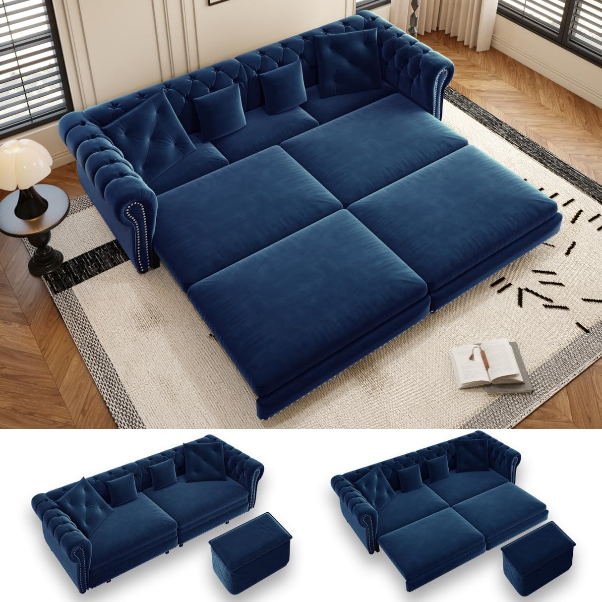 LuxyHoom 89" King Pull Out Sofa Bed, Velvet Chesterfield Sleeper Sofa Couch, 3 in 1 Convertible Tufted Futon Couches with Ottoman for Living Room, Small Space, Apartment, Office, Bedroom, Blue LuxyHoom