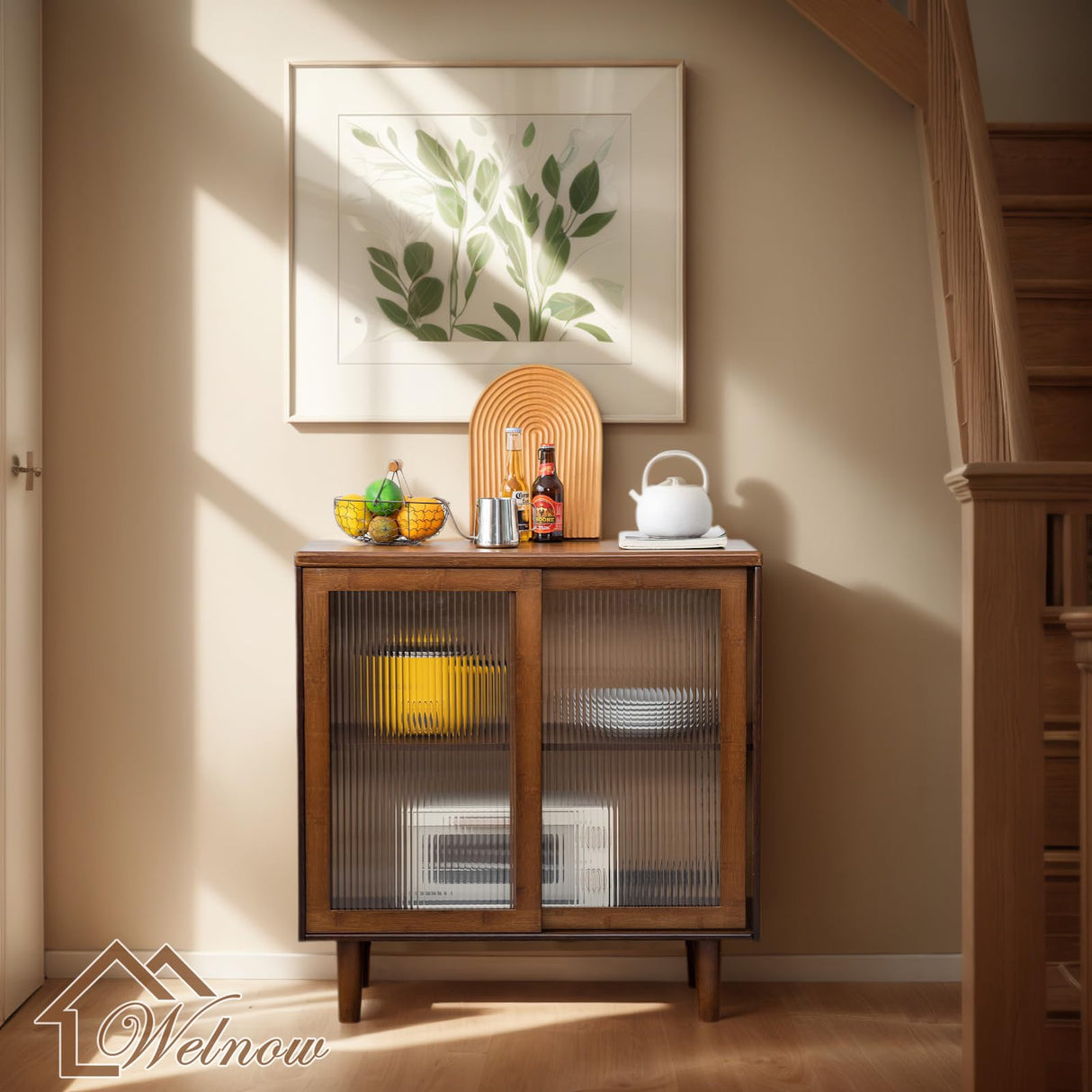 Welnow Buffet Cabinet, Bamboo Sideboard with Storage Kitchen Display Cabinet with 2-Tier Shelves Boho Coffee Bar Tables for Kitchen, Living Room, Entryway, Office, Walnut Welnow