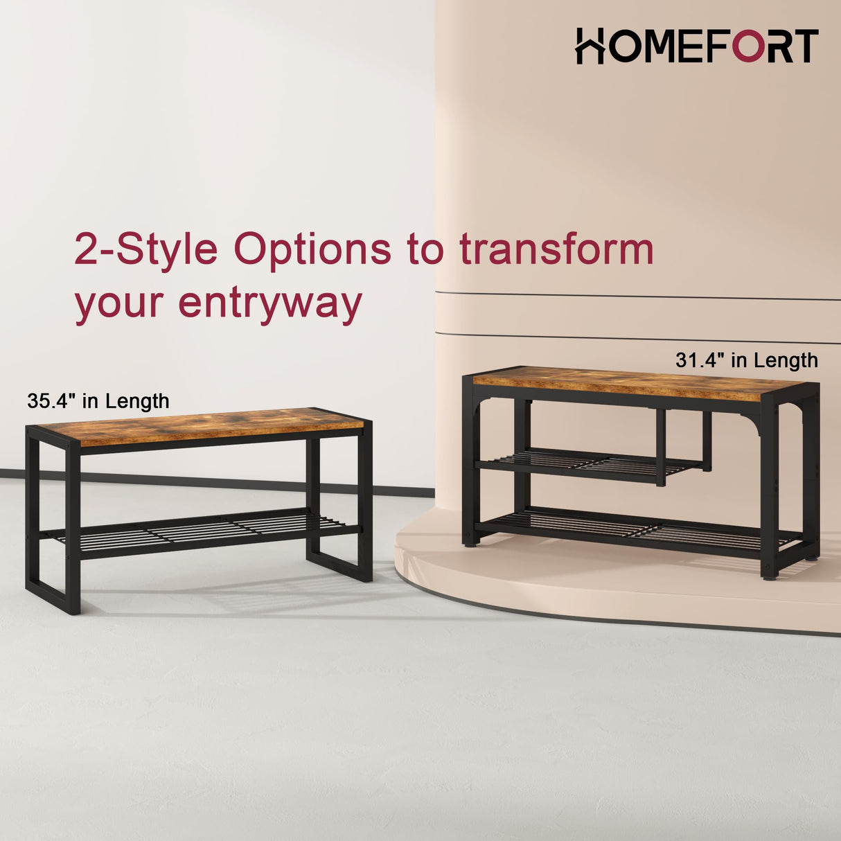 HOMEFORT Shoe Bench,3 Tiers Shoe Rack Bench,31.5" Shoe Storage Bench for Entryway, Retro Industrial Entry Bench with Mesh Shelves and Boot Storage,for Front Door Entrance, Rustic Brown HOMEFORT