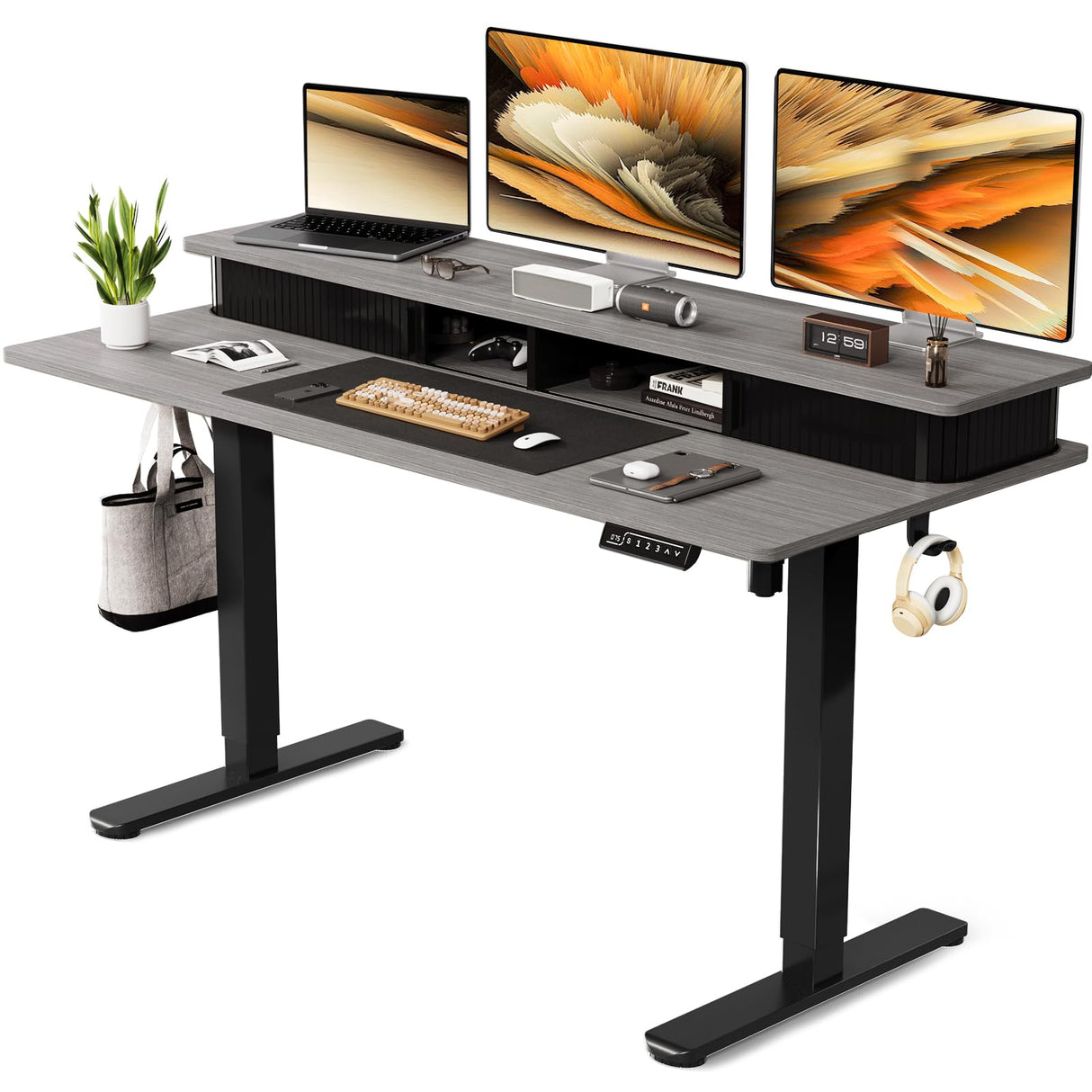 JOY worker Height Adjustable Electric Standing Desk with Storage Shelves, 55Inch Table with Built-in Monitor Stand, Sit Stand Desk with 2 Hooks for Home Office, Grey Desktop & Black Frame JOY worker
