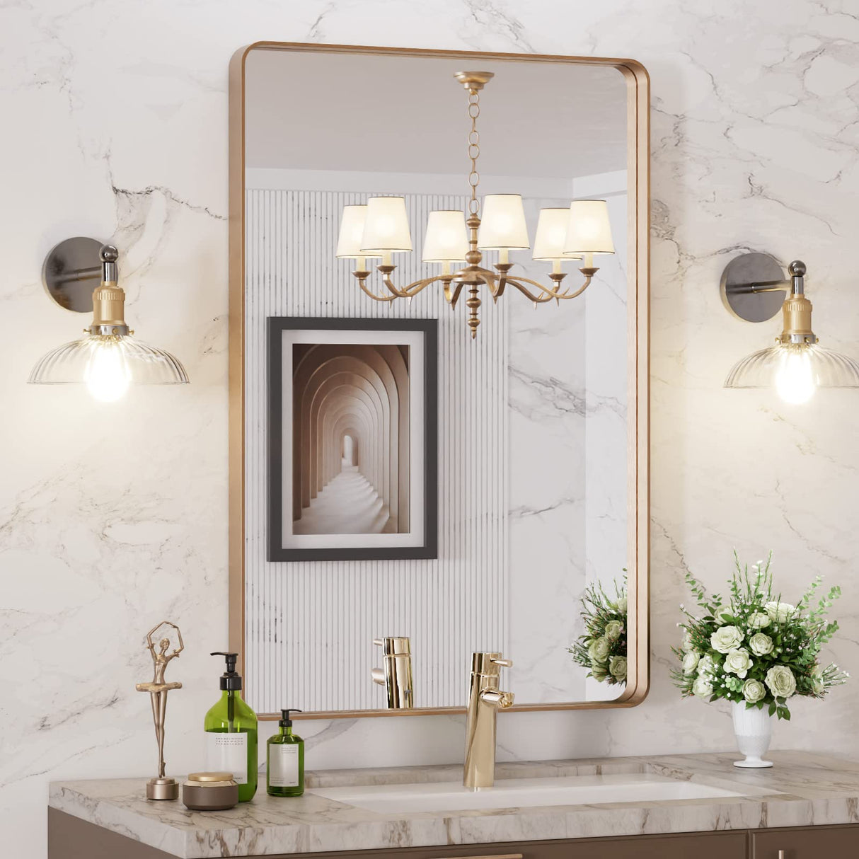 LOAAO 24”X36” Gold Bathroom Mirror, Rounded Rectangle Gold Frame Mirror, Brushed Gold Bathroom Vanity Mirror Wall-Mounted, Anti-Rust, Tempered Glass, Hangs Horizontally or Vertically LOAAO