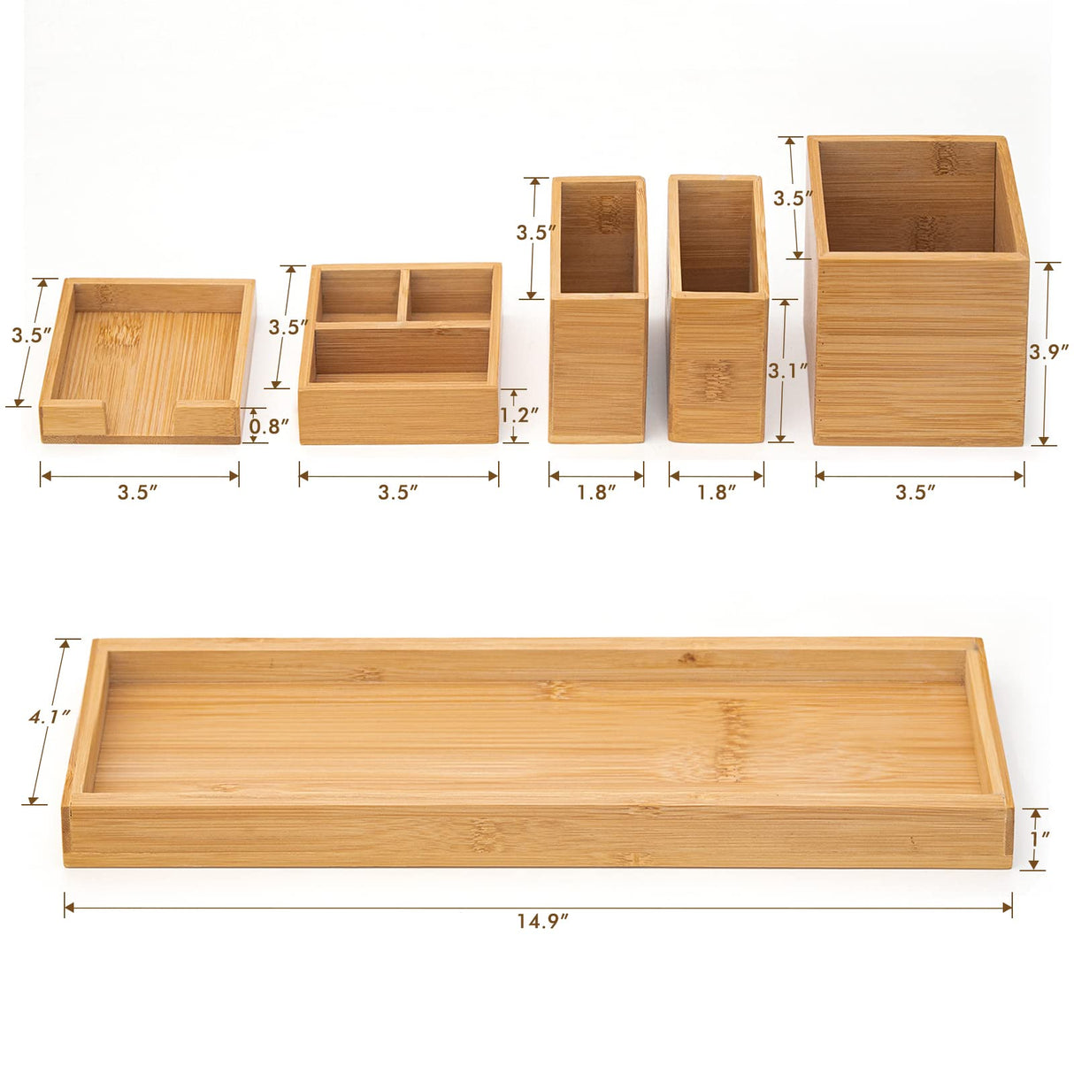 ROCDEER Bamboo Vanity Tray, 6-Piece Bathroom Countertop Vanity Tray Set, Makeup Kitchen Desk Organizer and Storage - Holds Small Items ROCDEER