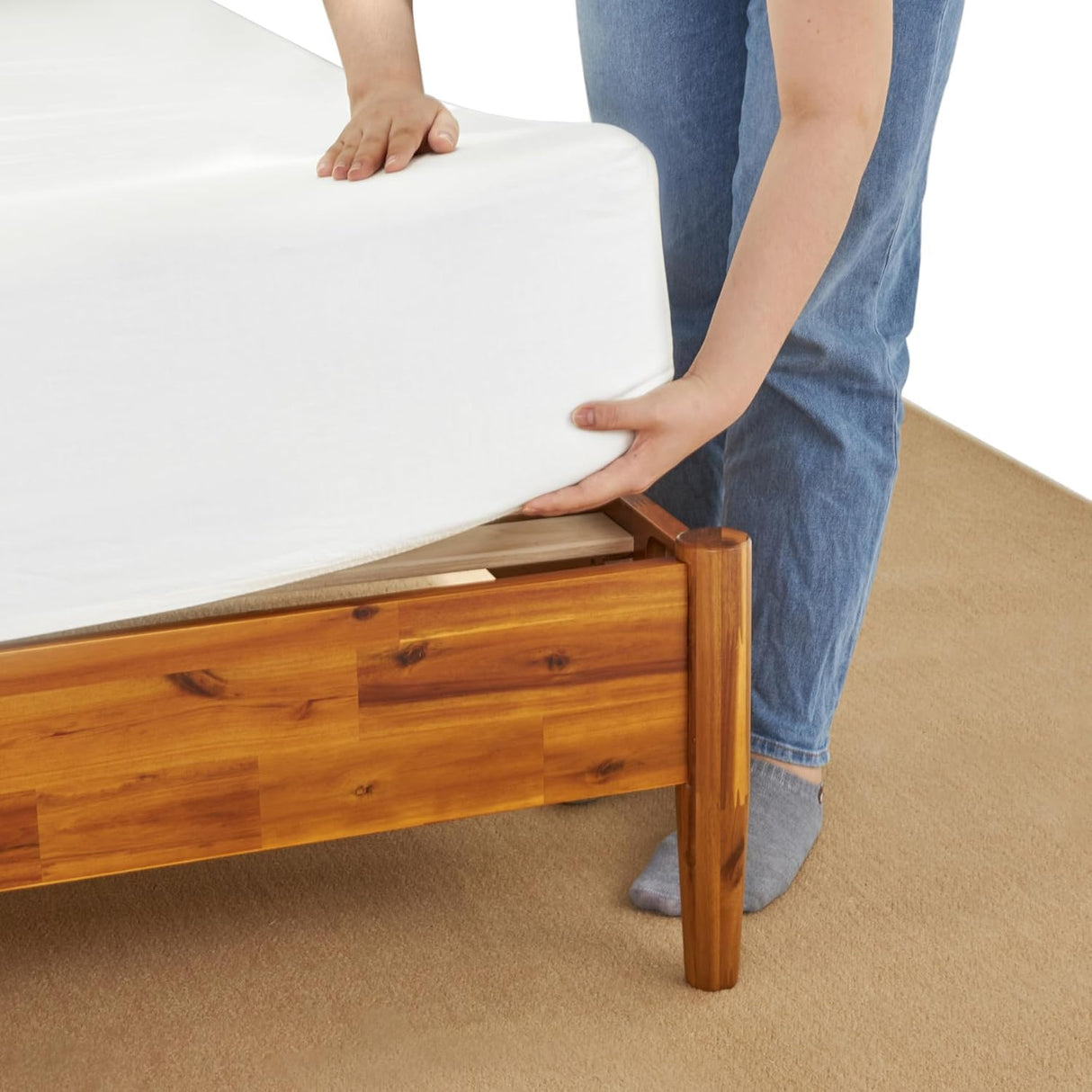 Bme Oliver Headboard Queen Size Bed Frame - 15-Inch Signature Design with Rattan Headboard, Bohemian and Mid Century Style, 12-Slat Wood Support, No Box Spring Needed - Easy Assembly, Caramel Bme