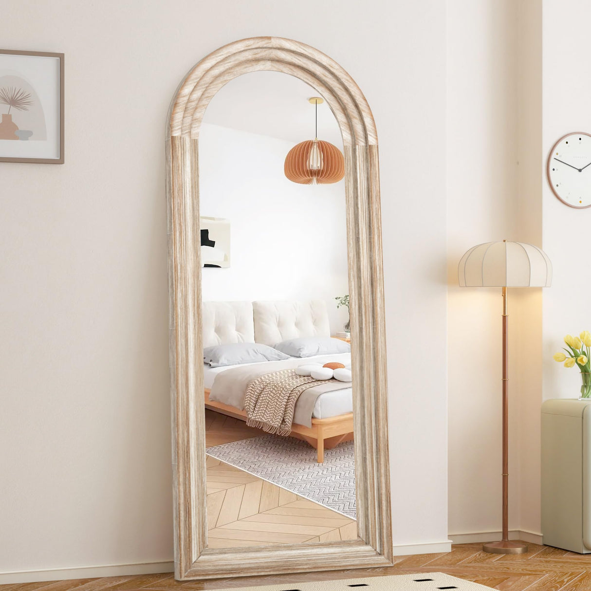 CASSILANDO Full Length Mirror Arched 65"x24" Wood Wall Full Length Distressed Large Floor Mirror for Living Room, Bedroom, Entrance.(Weathering White) CASSILANDO