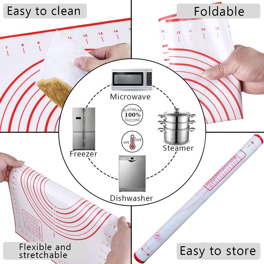 Rolling Pin and Silicone Baking Pastry Mat Set, Stainless Steel Dough Roller with Adjustable Thickness Rings, for Pizza, Pie, Pastries, Pasta, Cookies MTNZXZ