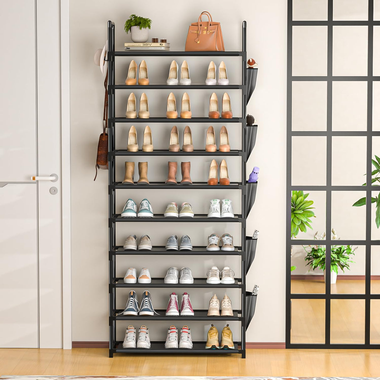 LUKYTOWER Tall Shoe Rack - 10 Tier Shoe Organizer with Metal Shelf, 5 Hooks, Pocket & Sturdy Stand for Closet Shoes LUKYTOWER