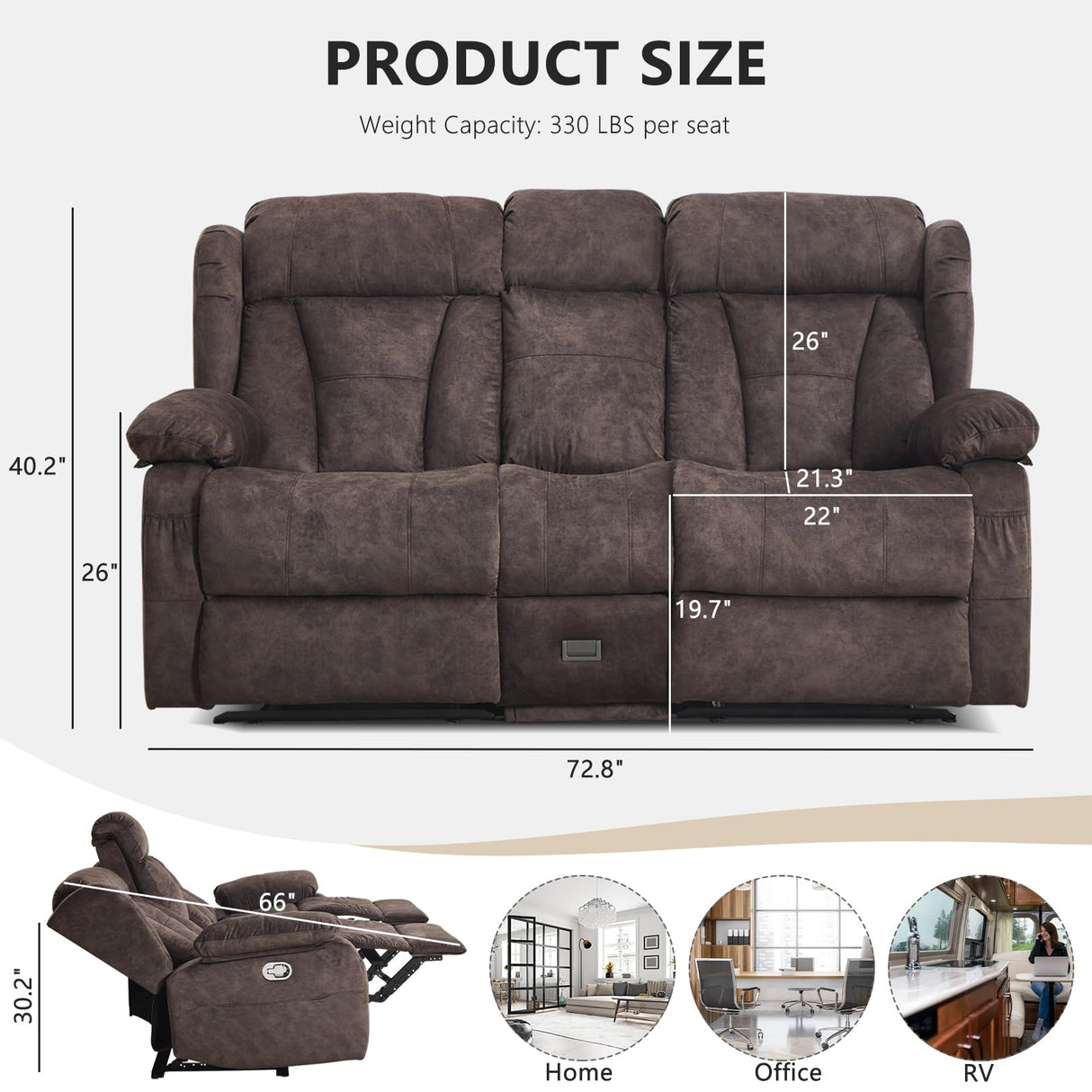 Alukang Loveseat Recliner Sofa, Manual Loveseat Reclining with Console for Living Room, RV Recliner Couch with Cup Holder/AC/USB C/USB and Drawer, Home Theater Velvet Reclining Love seat Couch (Brown) Alukang