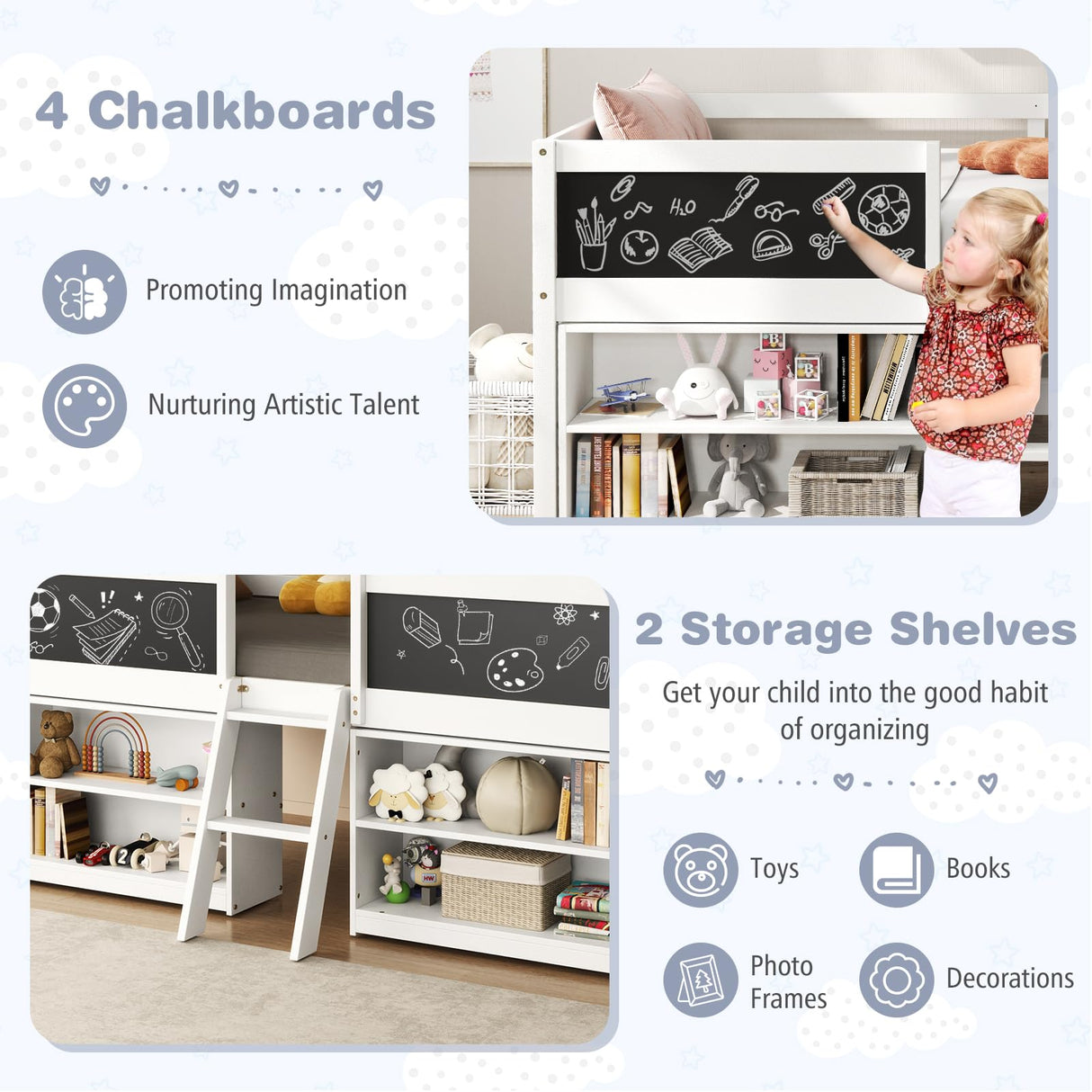 Giantex Low Loft Bed Twin Size, Wooden Loft Bed with Ladder & Blackboard, Twin Bed Frames for Kids with Storage 2 Bookcases and Under-Bed Play Space, Kids Twin Bed (White) Giantex