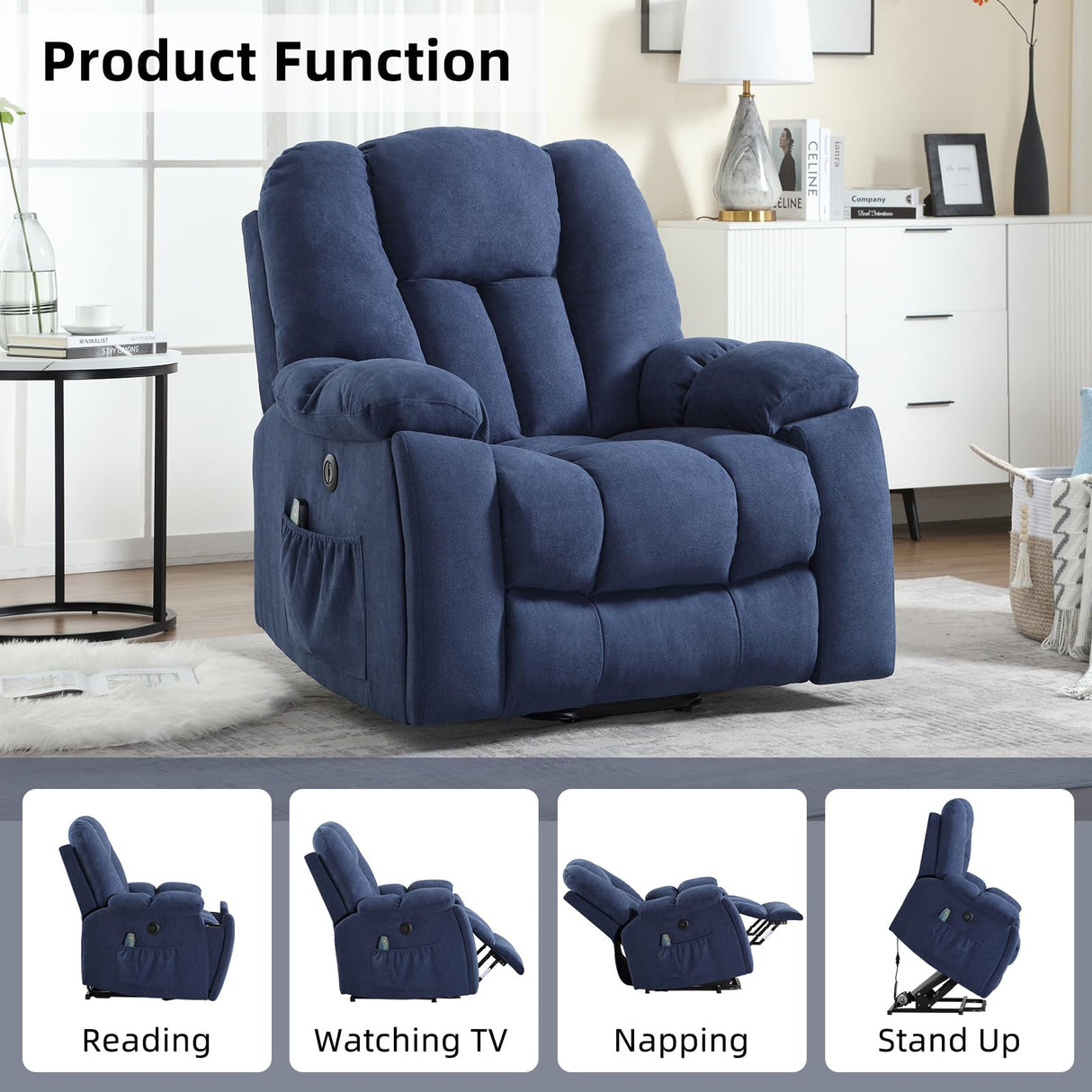 CANMOV Power Lift Recliner Chair with Massage and Heat for Elderly, Overstuffed Wide Recliners, Heavy Duty and Safety Motion Reclining Mechanism with USB Ports, 2 Concealed Cup Holders, Navy Blue CANMOV