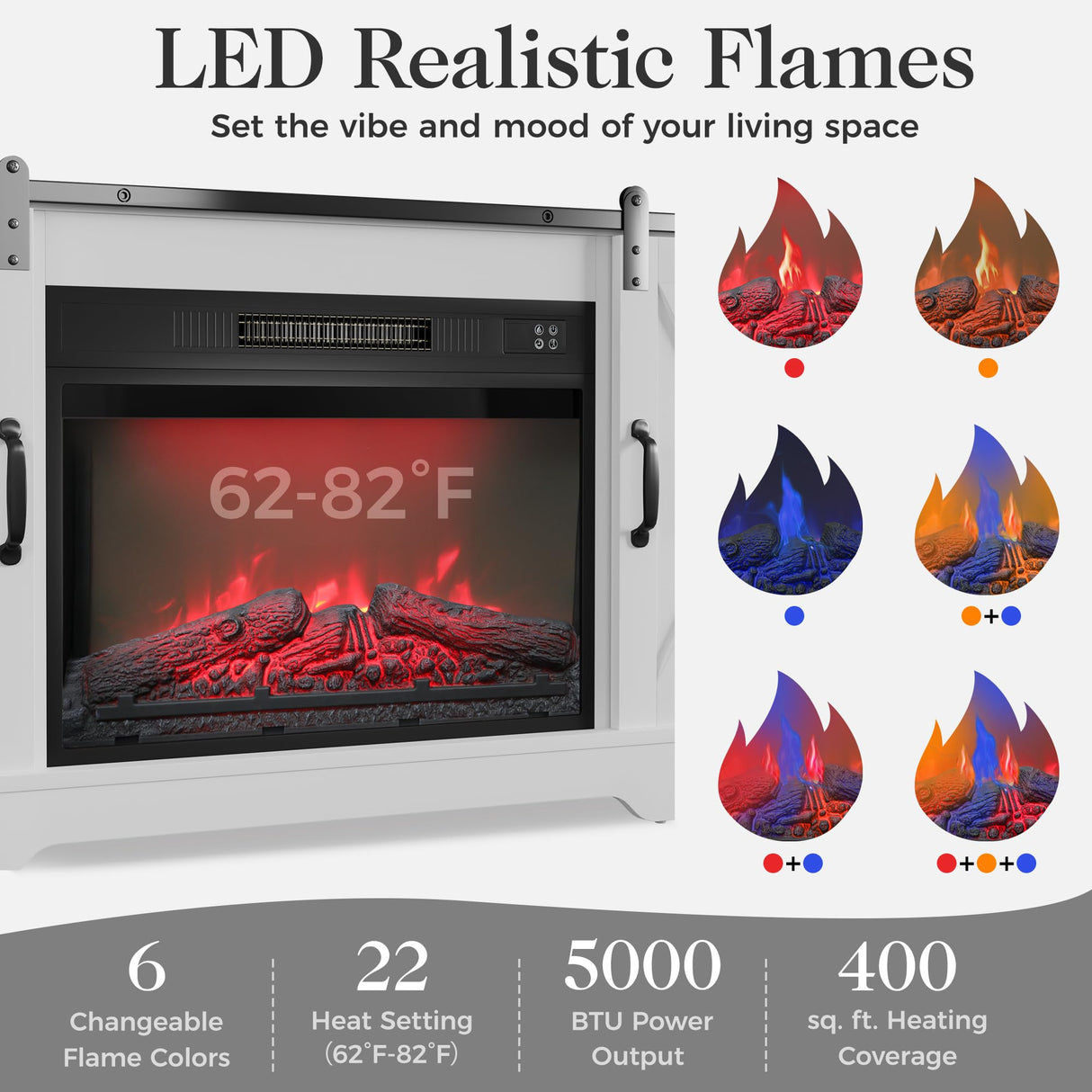 RoyalCraft Farmhouse Fireplace TV Stand for 65+ Inch TV, Entertainment Center with 23" Electric Fireplace with Remote, 34" Tall Modern Rustic TV Console with Sliding Bar Door for Living Room, White RoyalCraft