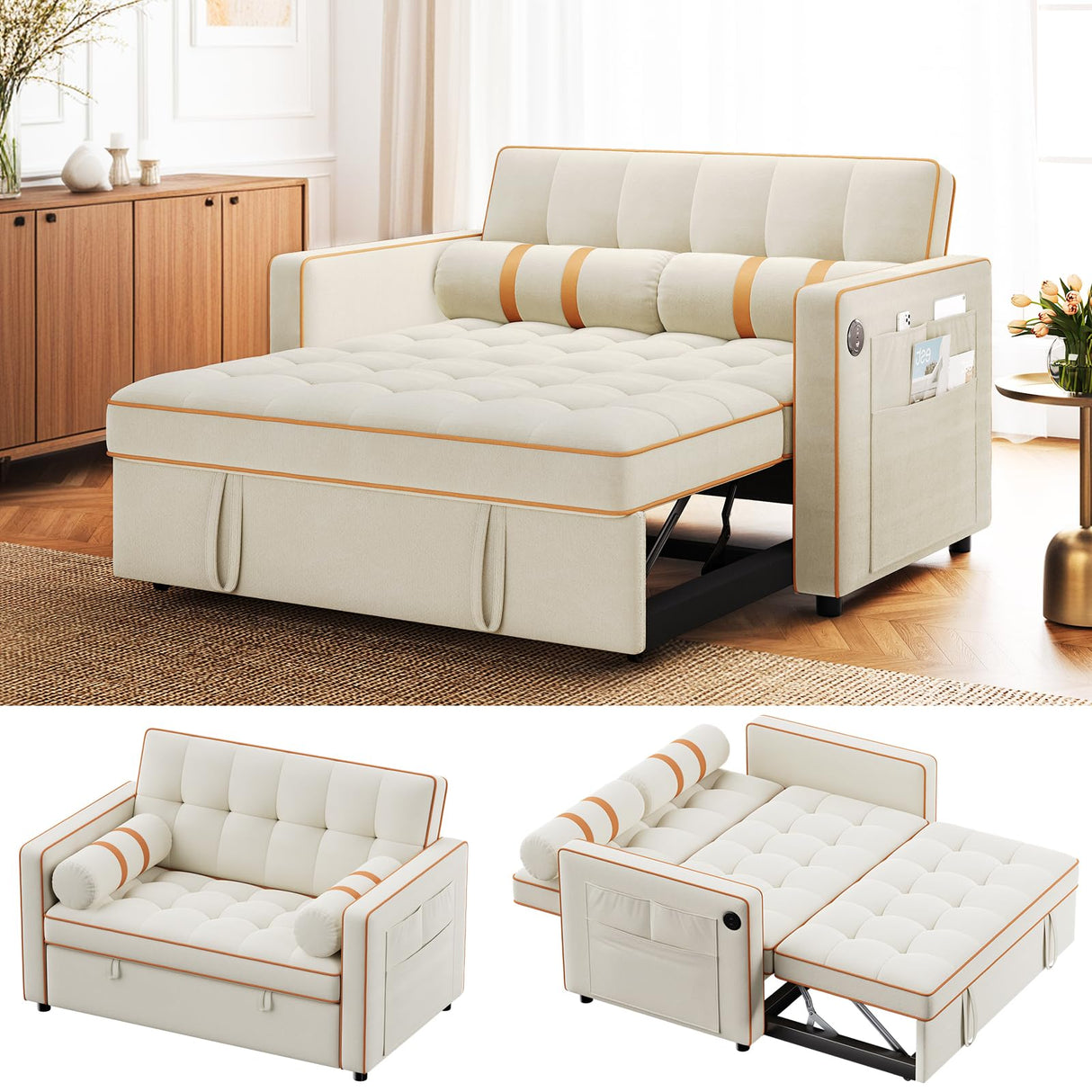 Amada 3 in 1 Convertible Sleeper Sofa Bed,Futon Couches for Living Room with with USB Ports & Side Pockets | Adjustable Backrest| Velvet Fabric | Pull Out Couch | Loveseat | Sectional Sofa Bed,White AMADA HOMEFURNISHING