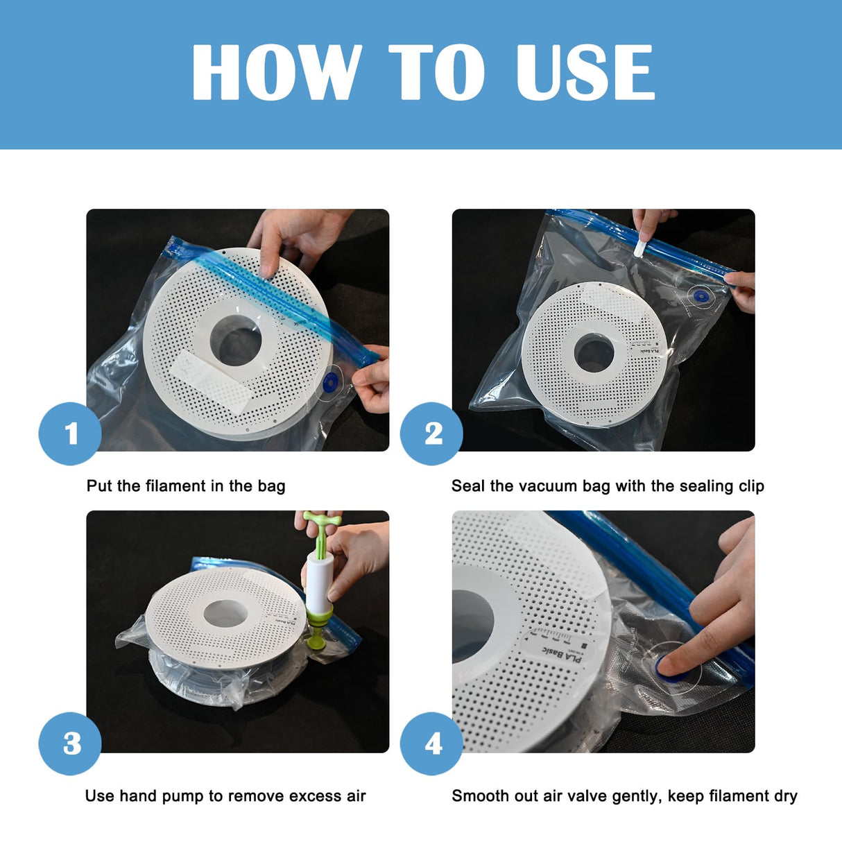 TIOPY Filament Storage Bags Vacuum Kit, 20Pcs 3D Printer Filament Sealed Bags with 20Pcs Desiccants/Seal Clip/Hand Pump, 11.8x13.4 in Fit Most 0.25/0.5/1 KG 3D Printer Filament Spools TIOPY