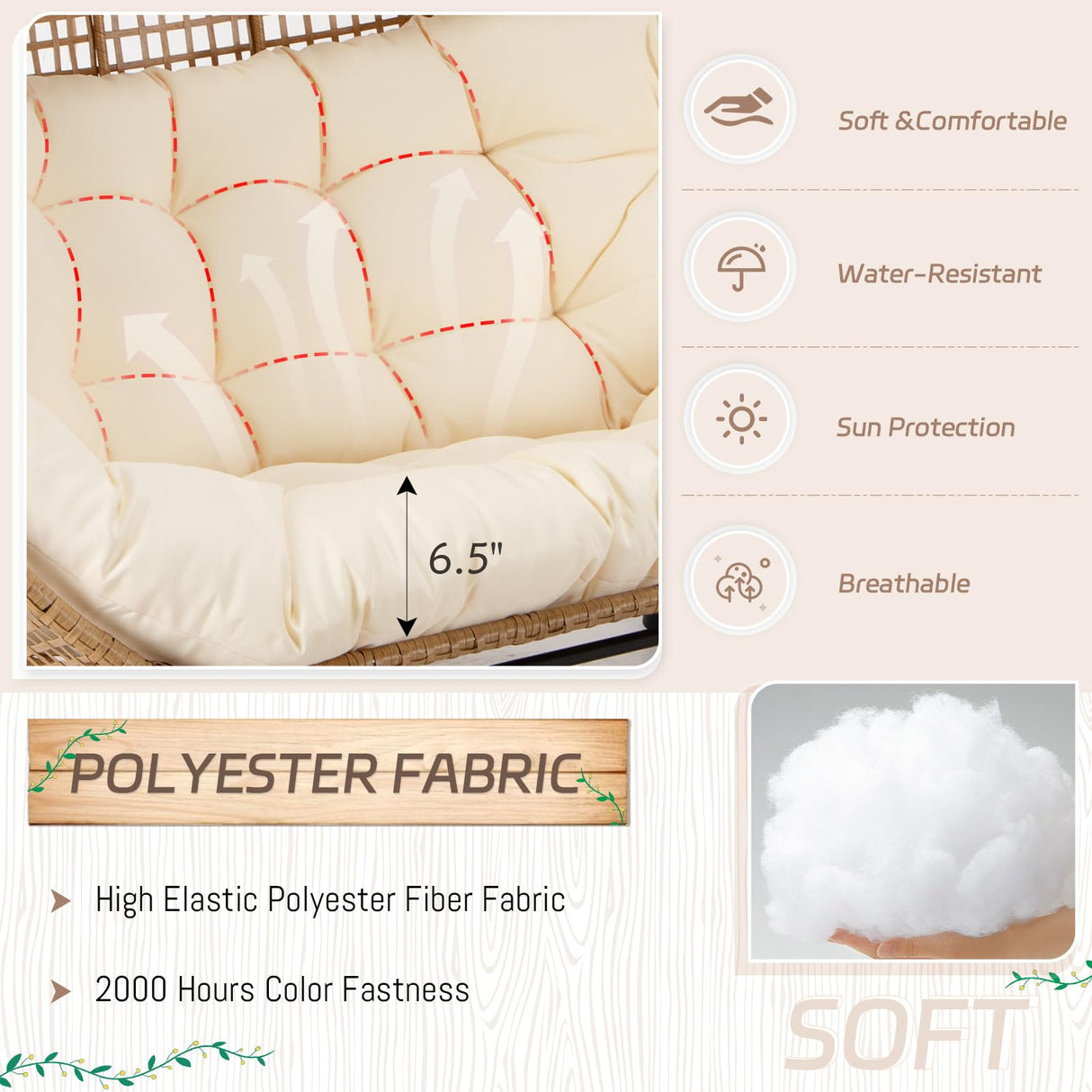 BULEXYARD Double Egg Chair with Ottoman Indoor Outdoor 680lbs, 2 Person Brown Wicker Oversized Stationary Egg Chair with Beige Thick Cushion, Patio Wide Lounge Loveseat with Legs for Balcony, Porch BULEXYARD