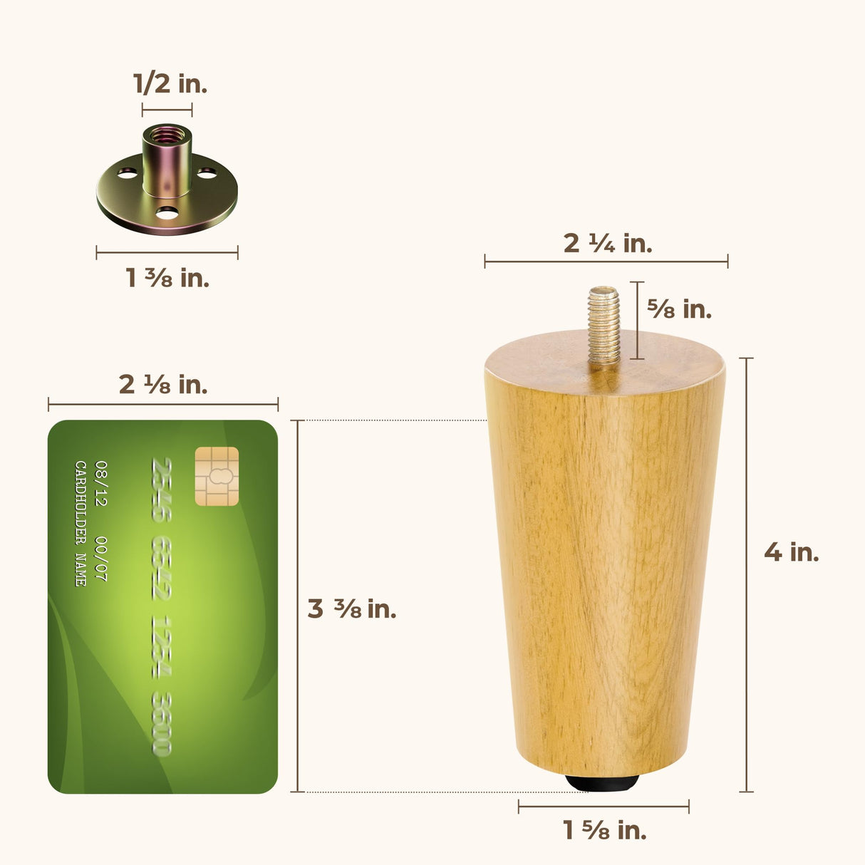 Yes4All 4 Inches Round Natural Solid Wood Furniture Legs Set of 4, Heavy Duty 800 Lbs Capacity Furniture Legs with Leveler, Replacement Legs for Furniture, Couch, Sofa, Dresser, Ottoman Yes4All