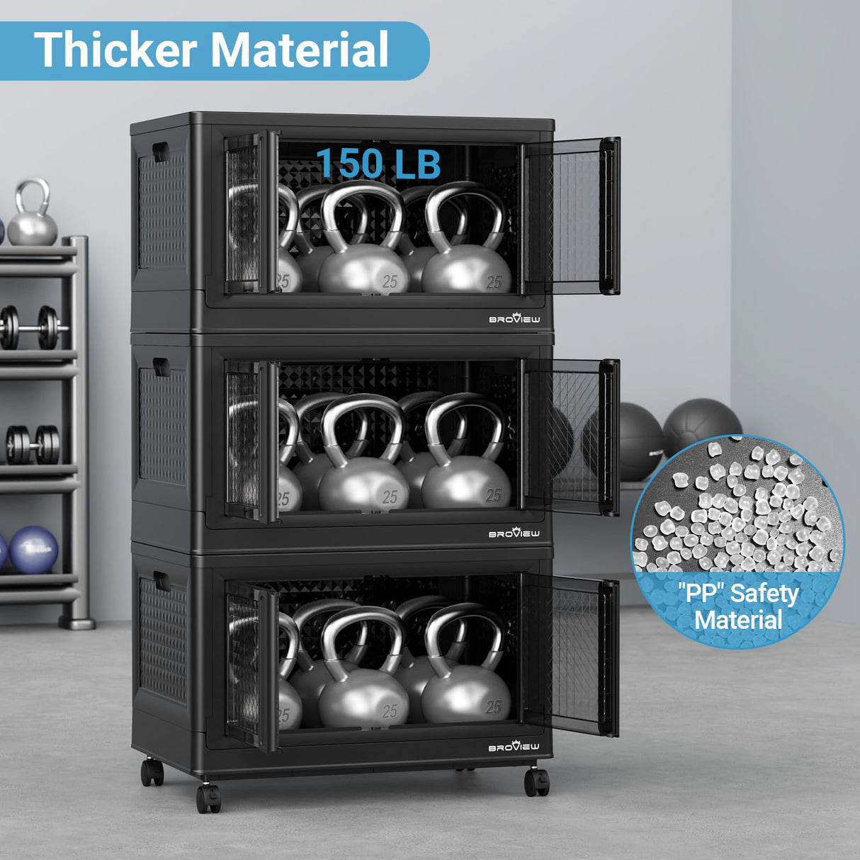 BROVIEW 240Qt Stackable Storage Bins with Lids, 60Gal Plastic Collapsible Storage Bins with Doors and Wheels, Closet Organizers and Storage, Black Folding Storage Cabinet for Home Garage, 3 Pack Cube BROVIEW