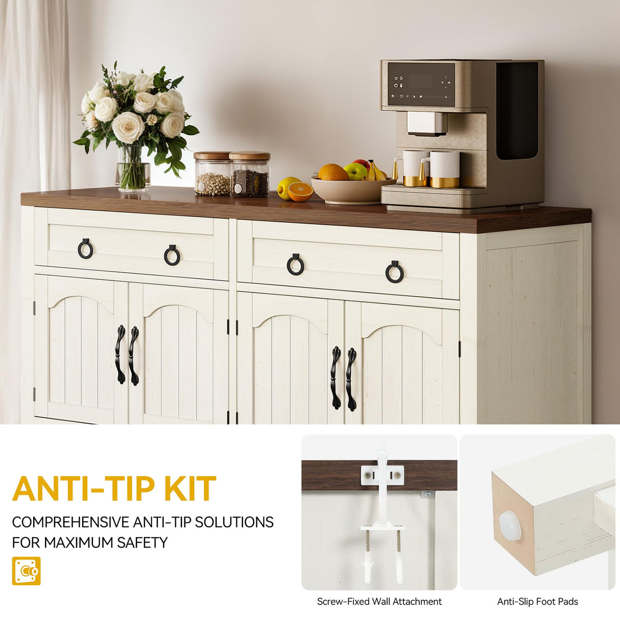 DWVO 47.2" Buffet Sideboard Cabinet with Storage, Farmhouse Coffee Bar Cabinet w/2 Drawers, Wood 4-Doors Console Table with Adjustable Shelves for Kitchen, Dining Room, Living Room, Entryway (White) DWVO