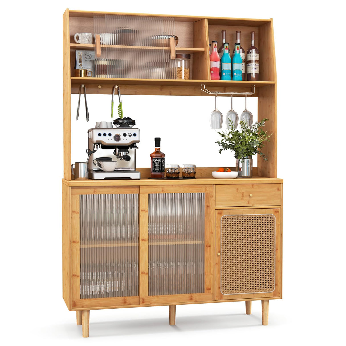 Giantex Pantry Cabinet, 69" Bamboo Hutch Cabinet with Storage, Drawer, Microwave Countertop, Glass Holder, Freestanding Buffet Sideboard with Rattan Door Cabinet, Tall Cupboard for Kitchen Coffee Bar Giantex