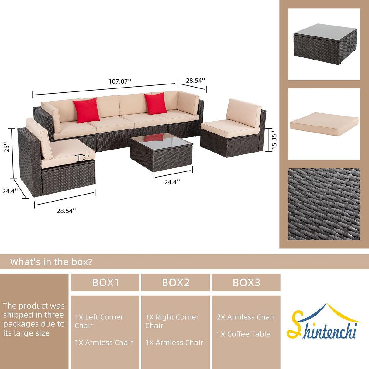 Shintenchi 7 Pieces Patio Furniture Sets Outdoor All-Weather Sectional Patio Sofa Set PE Rattan Manual Weaving Wicker Patio Conversation Set with Glass Table&Ottoman Cushion and Red Pillows, Beige Shintenchi