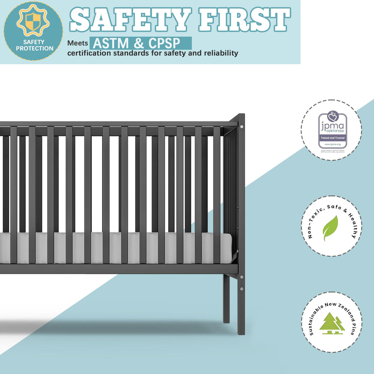 Saylike Baby Crib 5-in-1 Convertible, Wood Full Size Toddler Bed for Small Baby, Made of Sustainable Natural Pinewood Cribs, Non-Toxic Finish, Simplistic Nursery Furniture (Storm Gray) Saylike