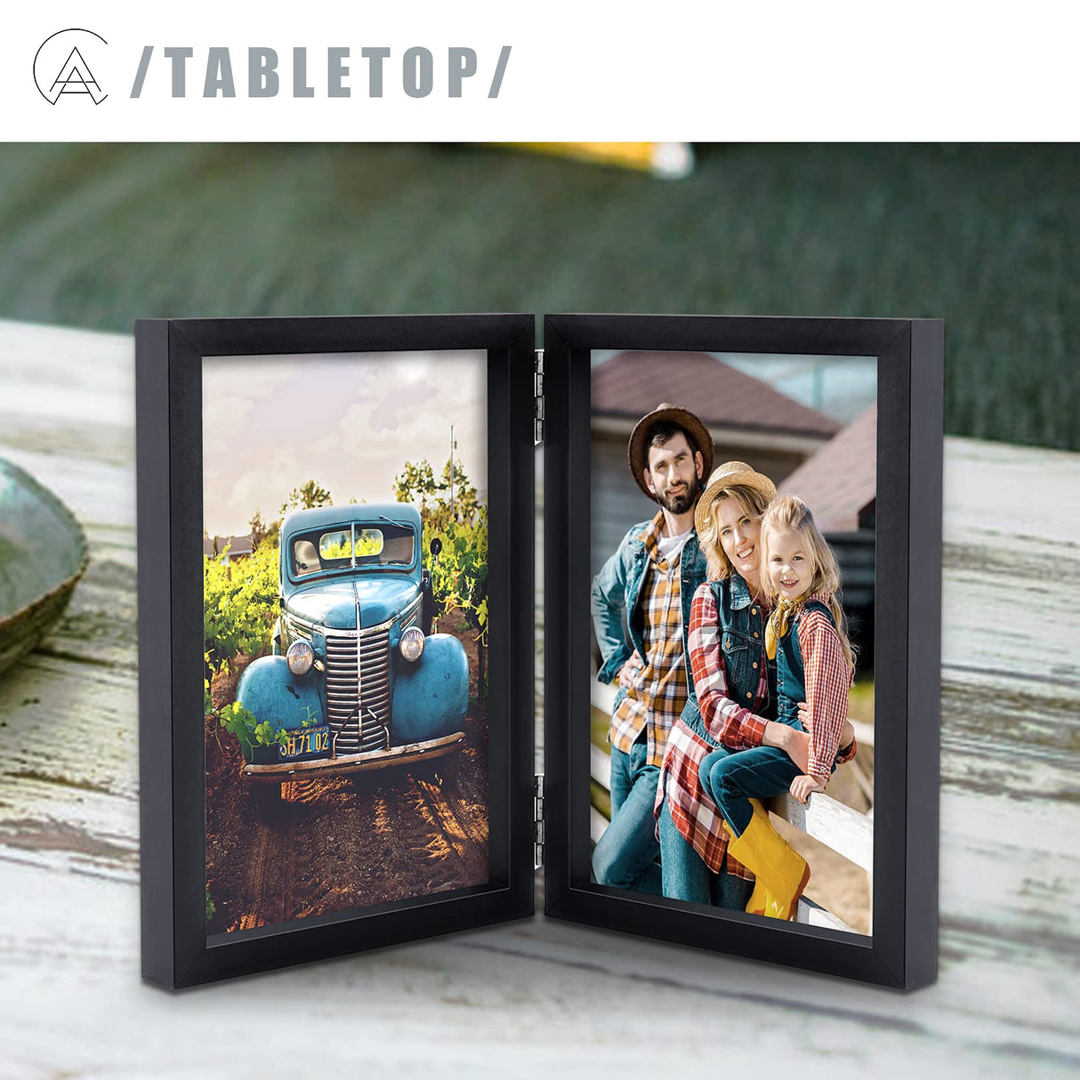 AEVETE 5x7 Picture Frames Double Hinged Wood Folding Photo Frames Vertical with Real Glass Front, Black AEVETE