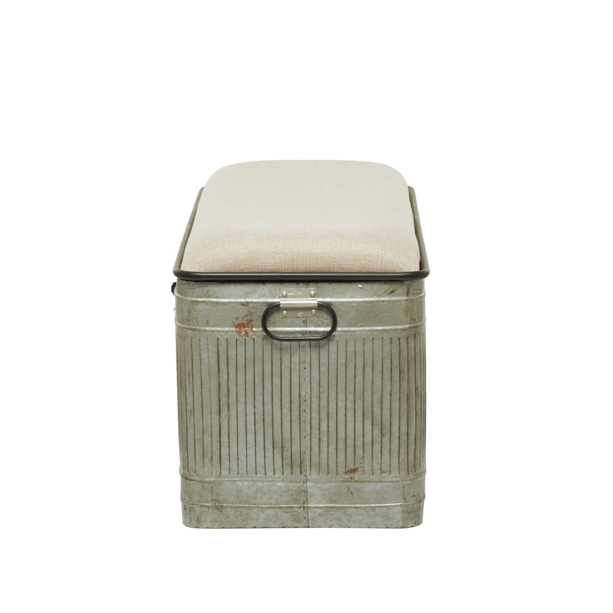 Deco 79 Metal Room Storage Bench Galvanized Entryway Bench with Cream Burlap Top and Black Latches, Bench 38" x 16" x 19", Gray Deco 79