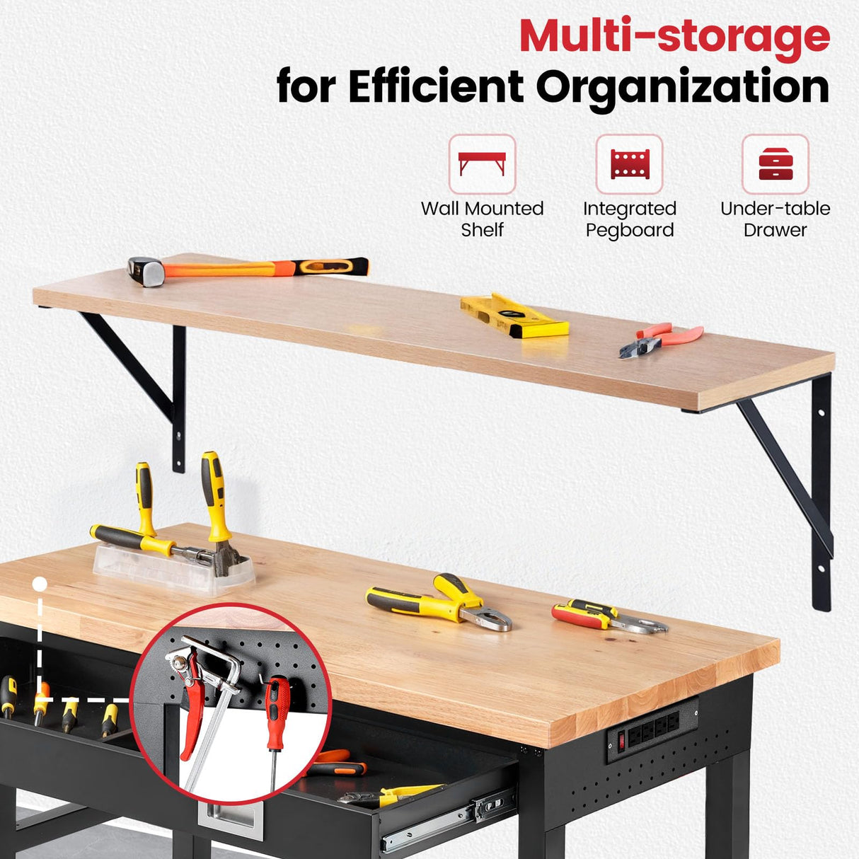 ENJOYWOOD Workbench with Shelf Bracket 48 x 24 Inch Heavy Duty Rubberwood Tabletop Work Table Adjustable Height Work Bench with Drawer, Power Outlets for Garage Woodworking Shop, Home, Office ENJOYWOOD
