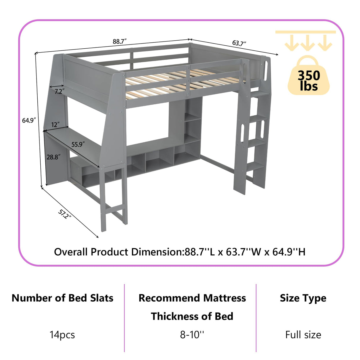 Polibi Wood Full Size Gaming Loft Bed with 55.9Lx12W inch Desk and Shelf,Bed Frame with LED,Hanging Clothes Rack and Storage Cabinet,Gray Polibi
