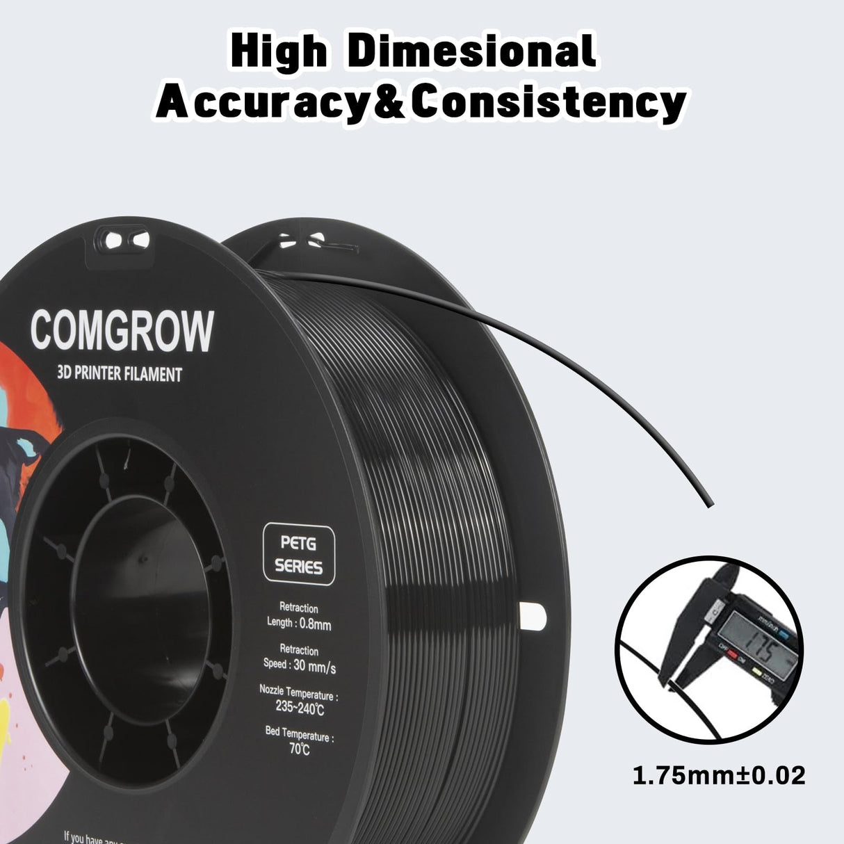 Comgrow PETG 3D Printer Filament 1.75mm, High Precision and Tough 3D Printer Filament (2LBS), Dimensional Accuracy +/- 0.02 mm, Fit Most 3D Printers Black Comgrow