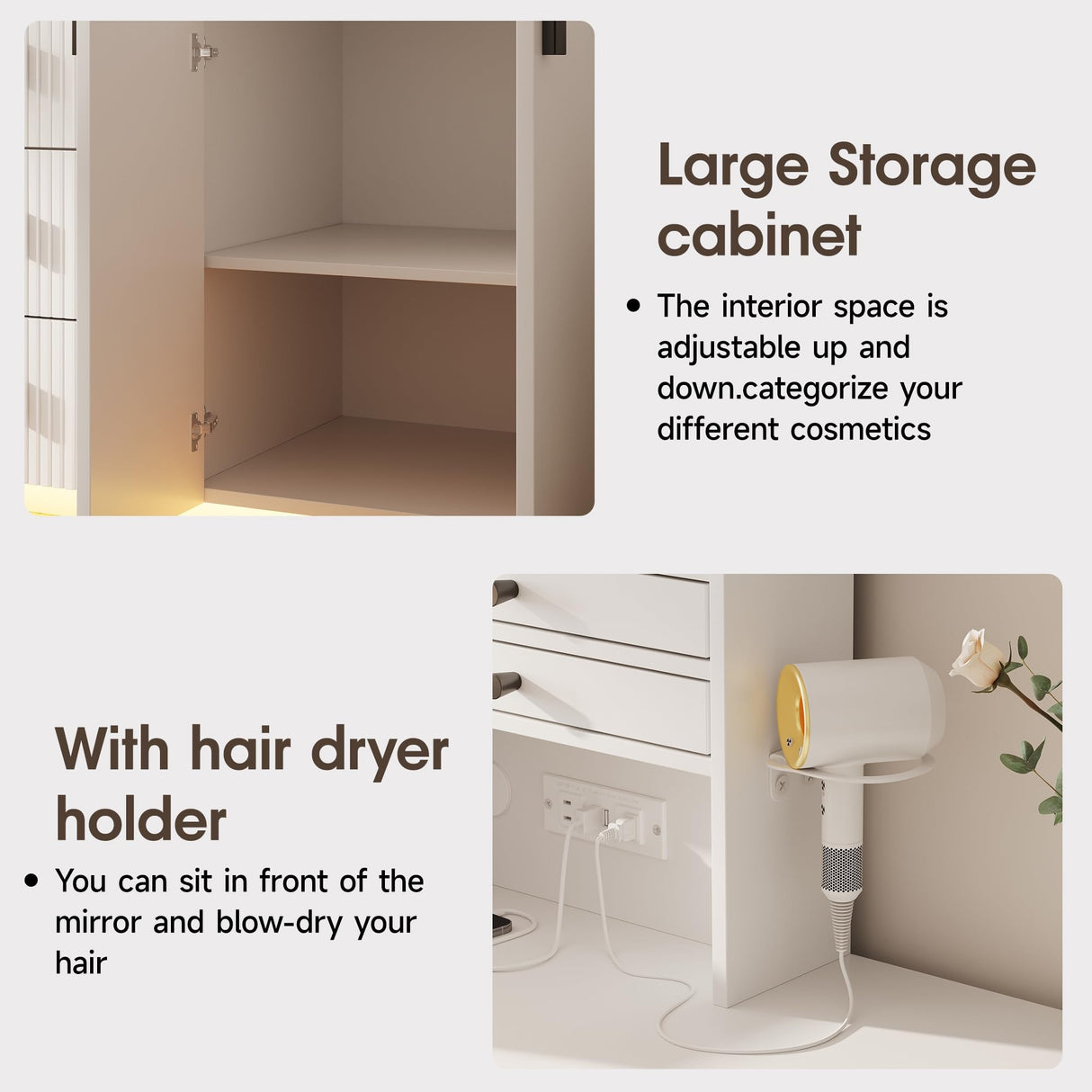 Vabches 57" Large Vanity Desk with Mirror and Lights,White Makeup Vanity Table with Jewelry Cabinet & 7 Drawers,Modern Dressing Table with Charing Sation & Shelves for Bedroom Vabches