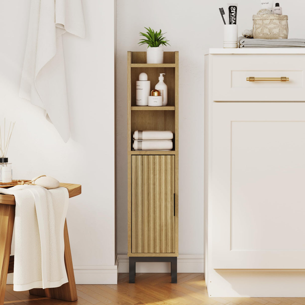 FerniTry Small Bathroom Storage Cabinet, Corner Narrow Toilet Paper Floor Cabinet with Door and Shelves,Bathroom Organizer with Adjustable Shelf, for Small Spaces (Oak) FerniTry