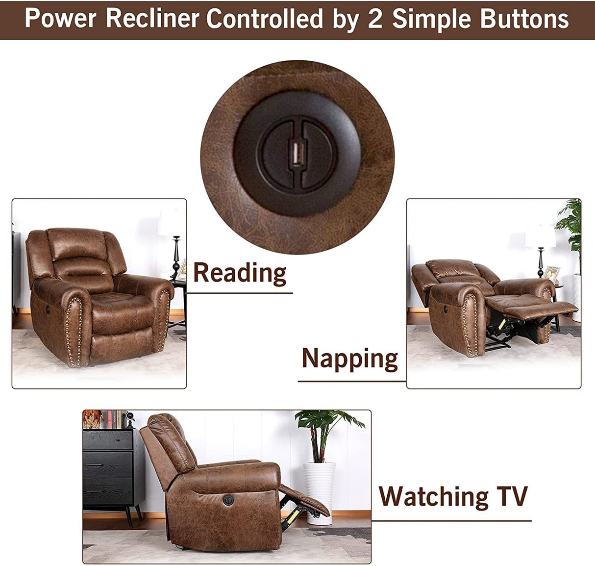ANJ Electric Power Recliner Set of 2, Breathable Bonded Leather Reclining Chair Classic Home Theater Recliners Seating W/USB Port, Electric Recliner Chairs for Living Room (Nut Brown) ANJ