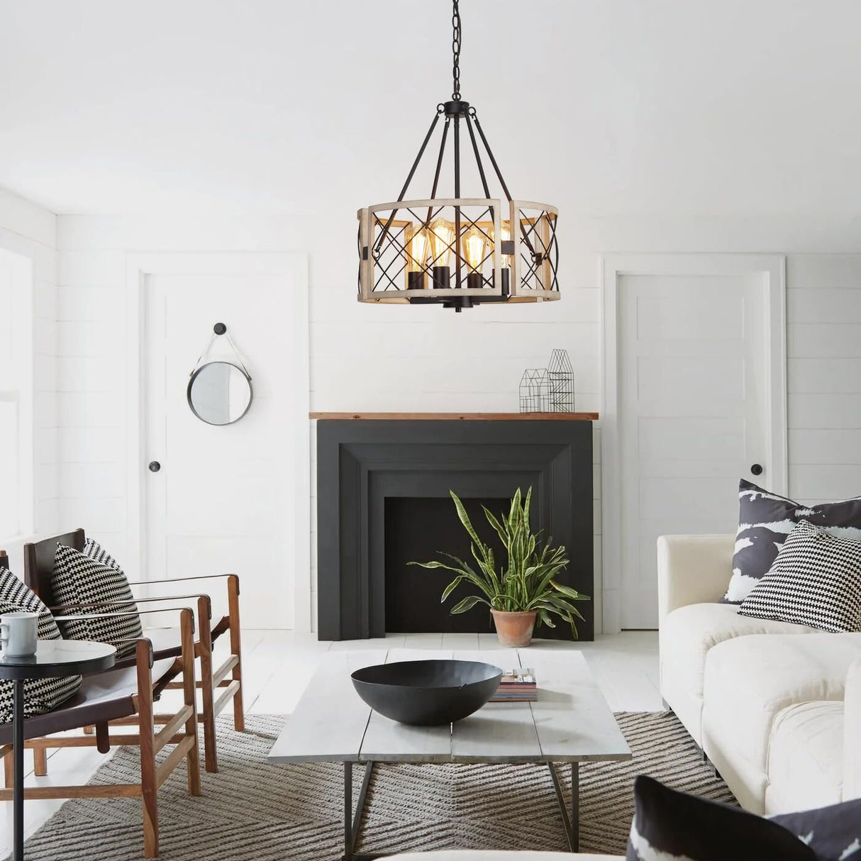 SANTOSTOCK D19'' Farmhouse Chandelier, 4-Light Adjustable Dining Room Light Fixture Kitchen Island Lighting, Rustic Hanging Lights for Entryway Foyer Bedroom Living Room, Black & White Oak SANTOSTOCK