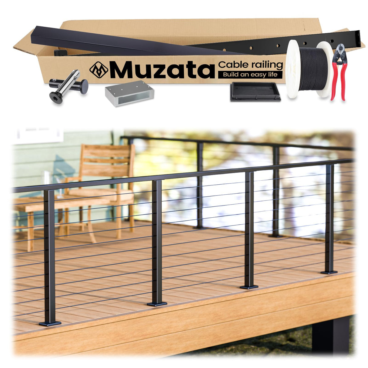 Muzata 13'-19'6" Complete Black Cable Railing Kit 36 Inch Cable Railing System for Decks with Post Handrail Length Adjustable Easy DIY with User Guide Complete Set RCS2 BH4S Muzata