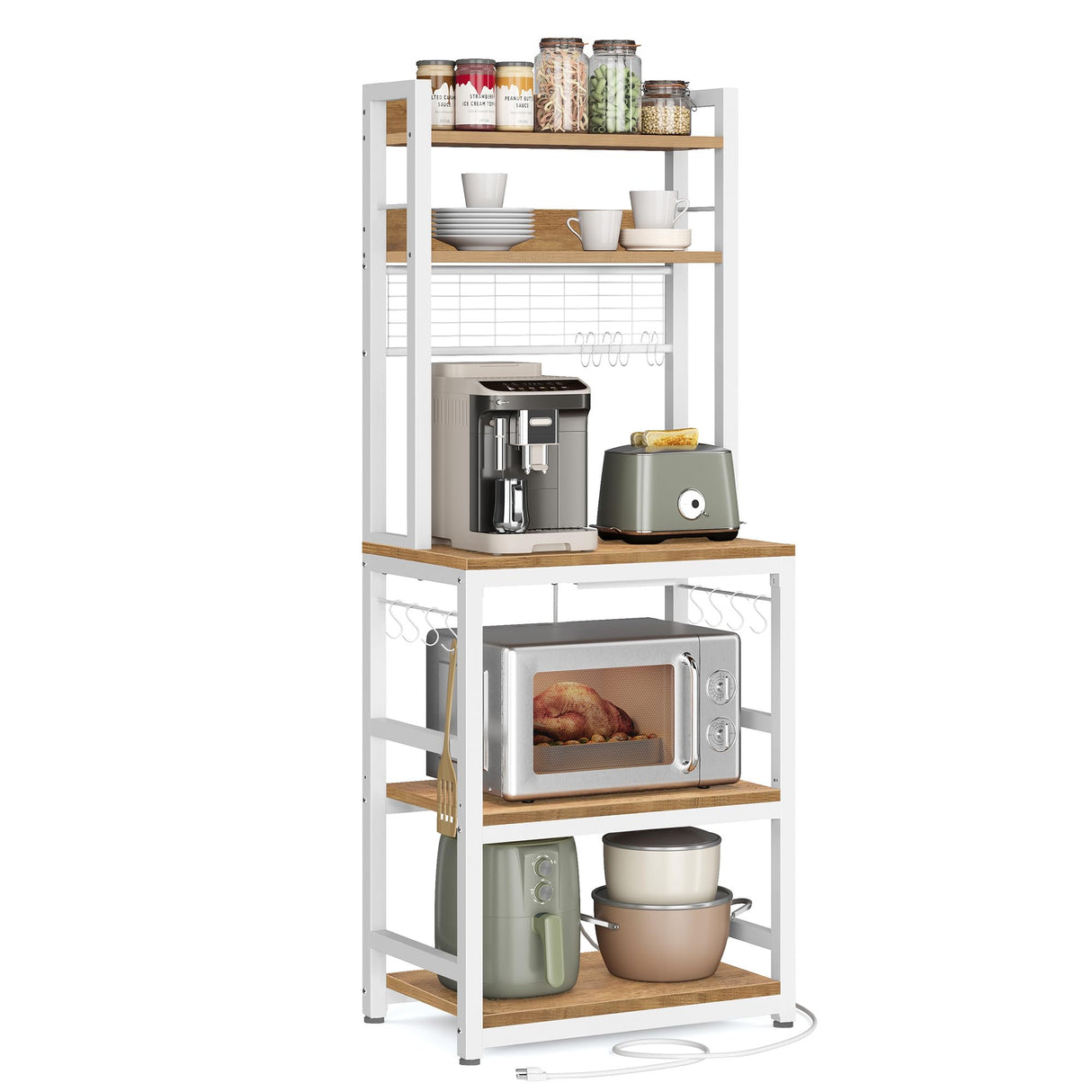 VASAGLE Hutch Bakers Rack with Power Outlet, 14 Hooks Microwave Stand, Adjustable Coffee Bar with Metal Wire Panel, Kitchen Storage Shelf, 15.7 x 23.6 x 66.9 Inches, Rustic Walnut and White UKKS037W41 VASAGLE