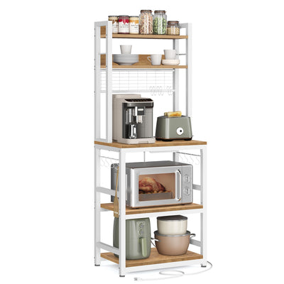 VASAGLE Hutch Bakers Rack with Power Outlet, 14 Hooks Microwave Stand, Adjustable Coffee Bar with Metal Wire Panel, Kitchen Storage Shelf, 15.7 x 23.6 x 66.9 Inches, Rustic Walnut and White UKKS037W41