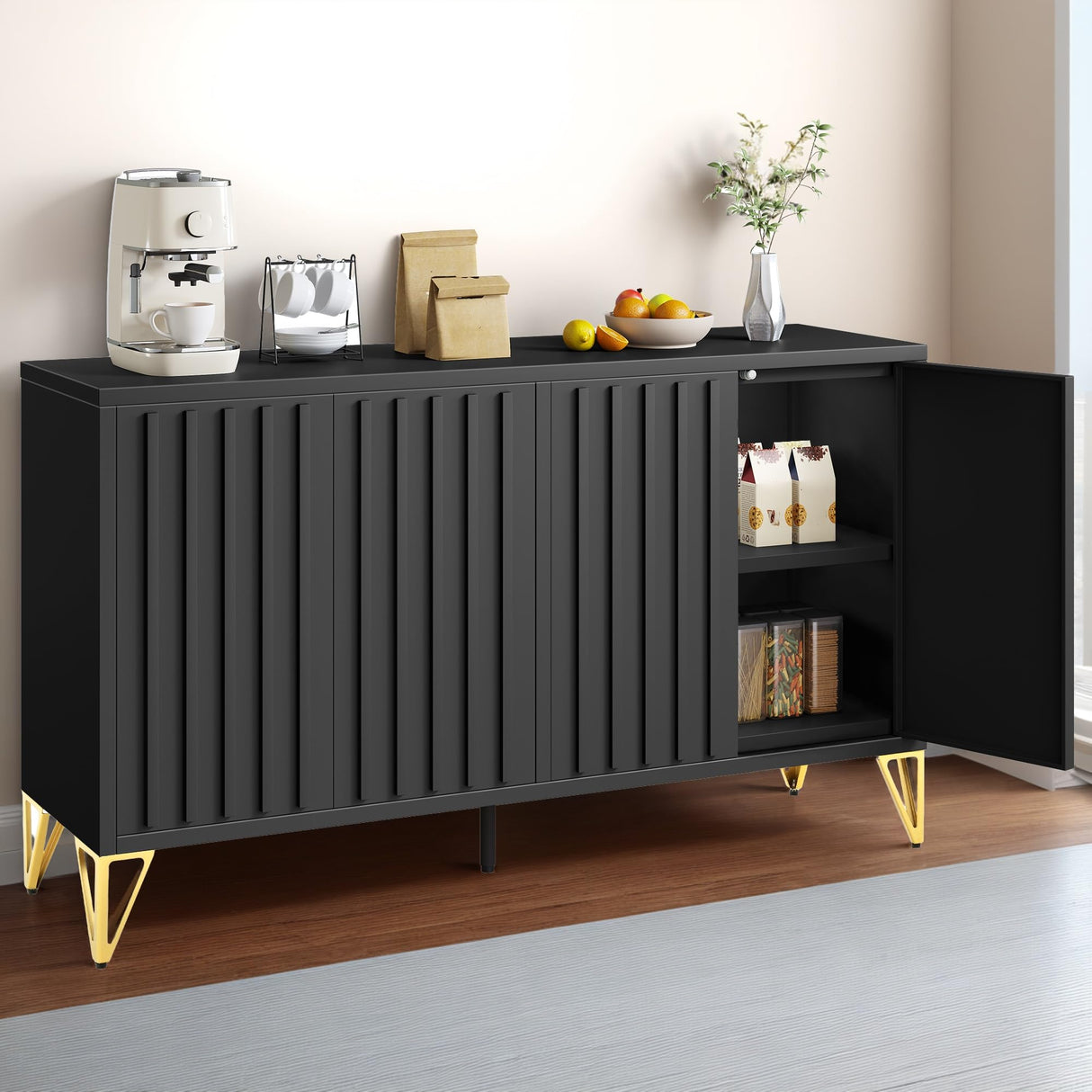 YITAHOME 55" Sideboard Buffet, Modern Buffet Cabinet Storage Cabinet with Doors, Metal Accent Console Credenzat with Adjustable Shelves for Hallway, Entryway, Kitchen or Living Room, Black YITAHOME