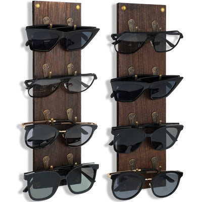 Moxweyeni Set of 2 Rustic Mounted Sunglasses Storage Organizer Wood Eyeglasses Holder Sunglass Rack Eyeglasses Display Rack with Metal Hooks Glasses Wall Decor Hanging Jewelry Organizers for Home