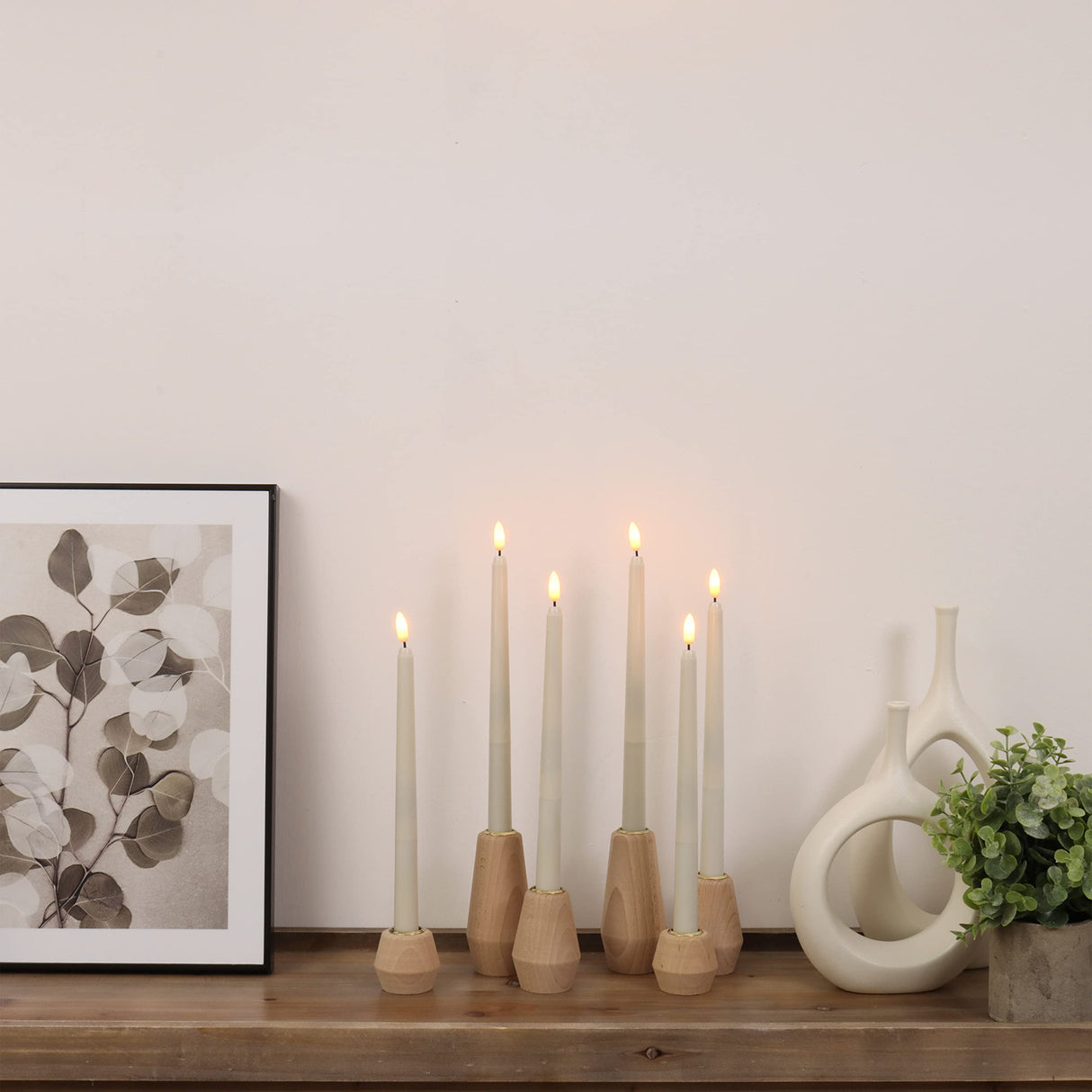 Wooden Candlestick Holders for Taper Candles Set of 3 | Luxury Wood Candle Holders with Gold Cups and Decorative Wooden Cubes | Fireplace Candle Holder | Console Table Decoration Pieces LIFE SENSES