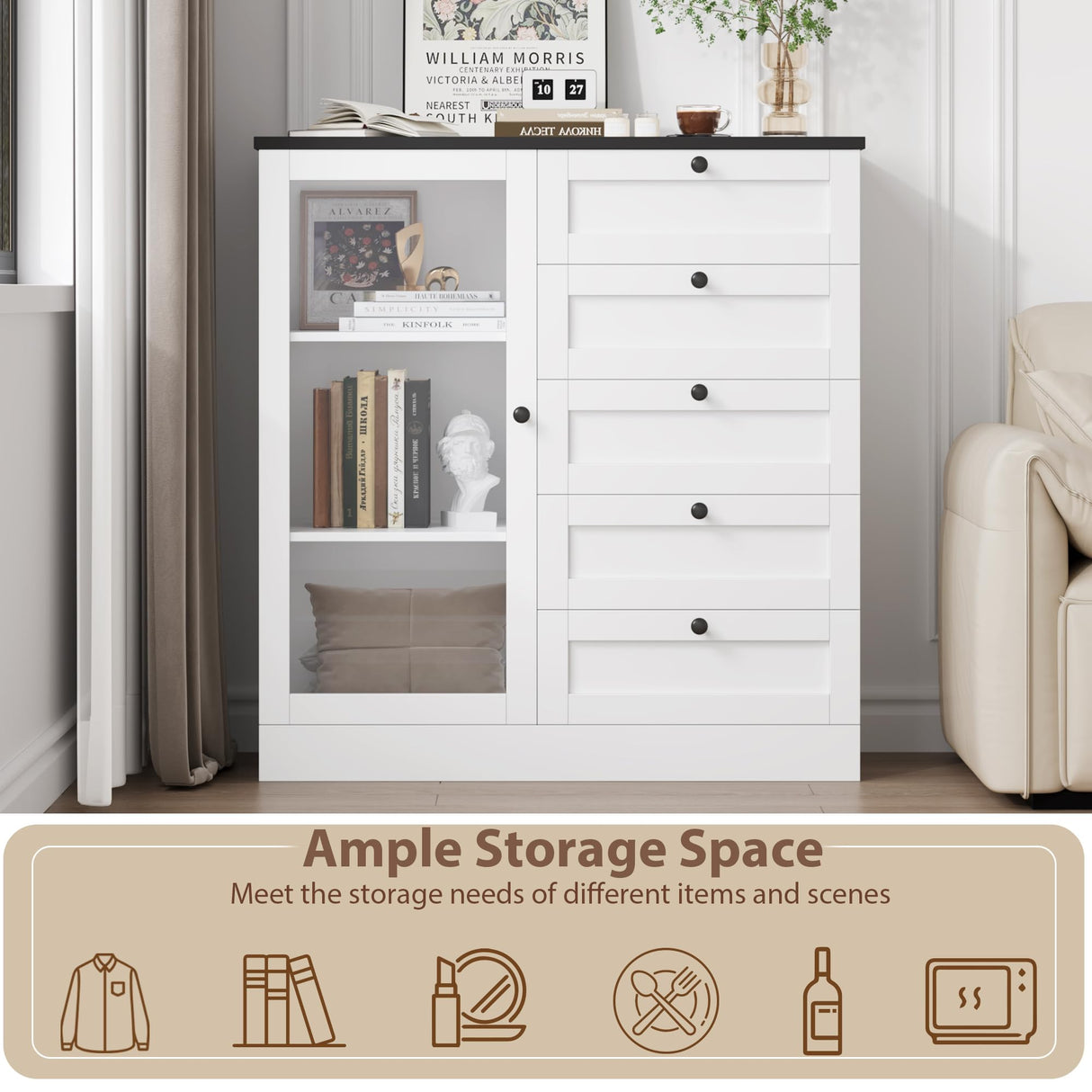 HOSTACK 5 Drawer Dresser with Door, White Storage Cabinet with Drawers and Shelves, Wide Wood Dresser, Modern Chest of Drawers Organizers for Living Room, Kitchen, Hallway HOSTACK