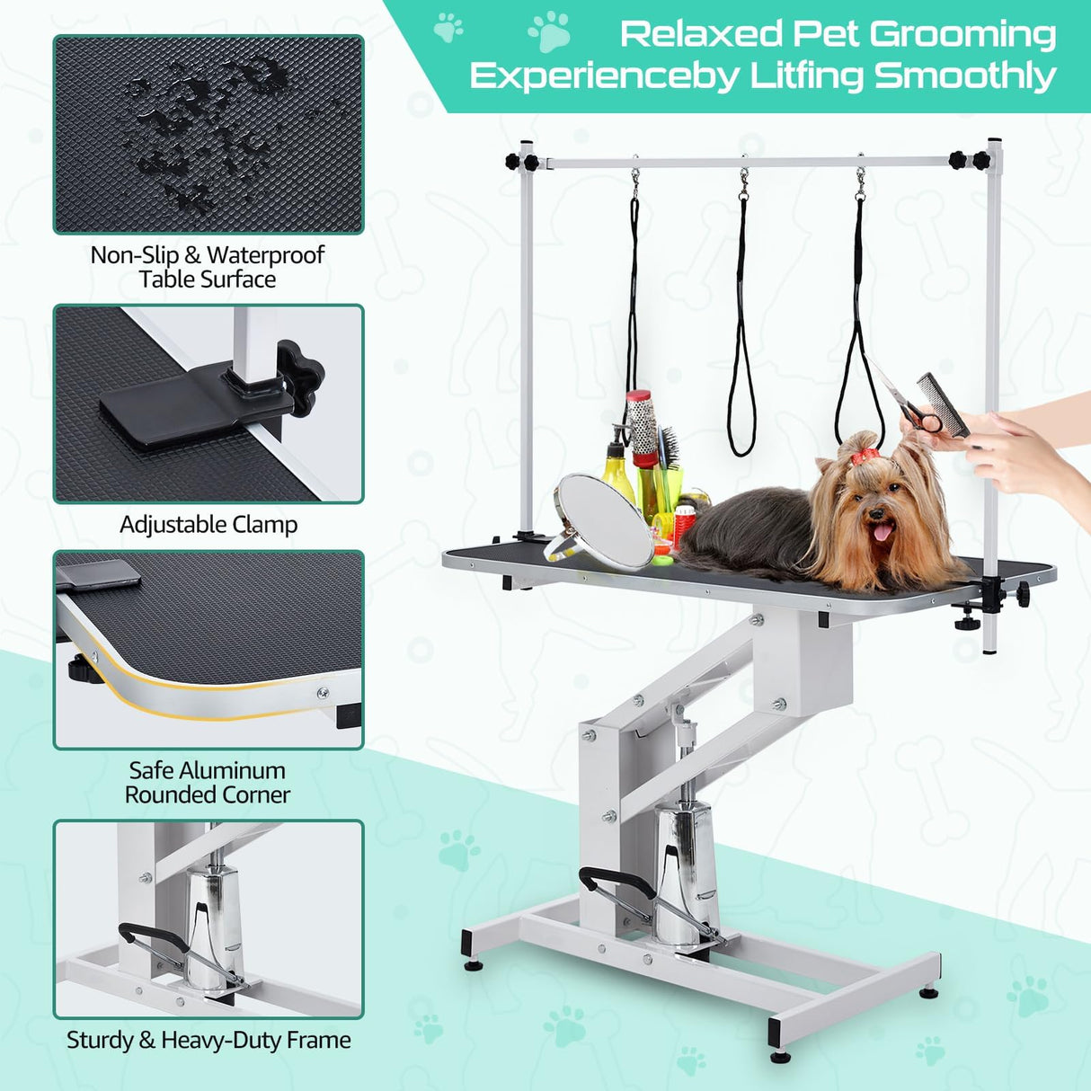 43.6" Pet Grooming Table for Large Dogs, Heavy Duty Height Adjustable Dog Grooming Table With Overhead Arm & Noose Height Range 22''-39'', Maximum Capacity Up to 350 Lbs, White Hipicute