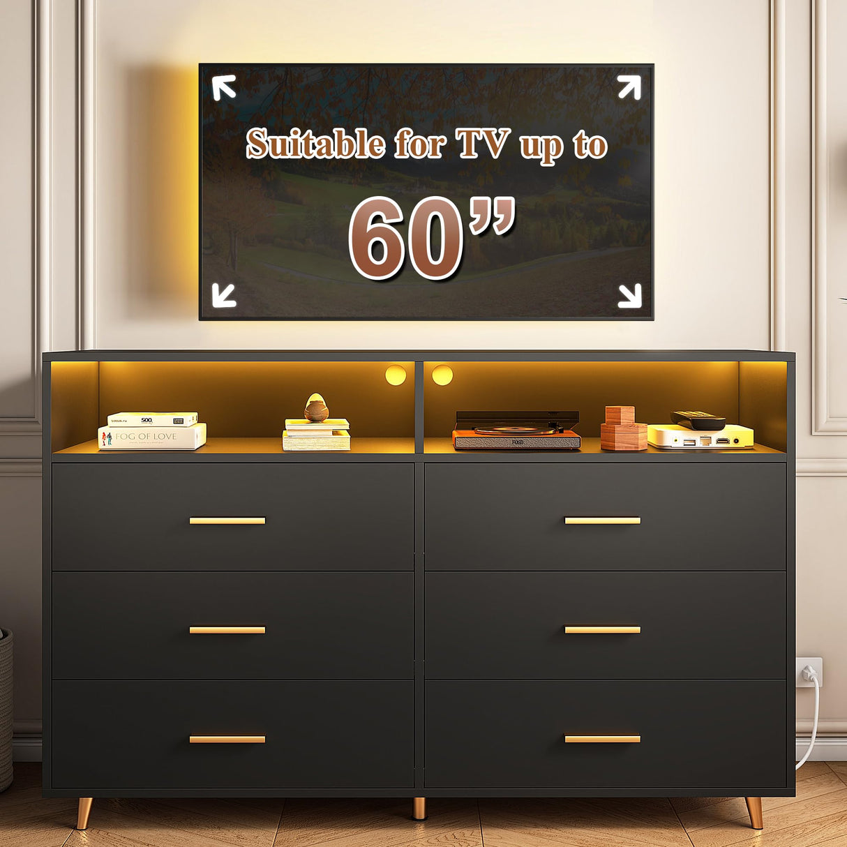 EnHomee Black Dresser with LED Lights, Wood Dresser for Bedroom with Wide Large Drawers and Metal Handles, Elegant Chest of Drawers for Clothes Storage Living Room Hallway Entryway, 47.2" W EnHomee