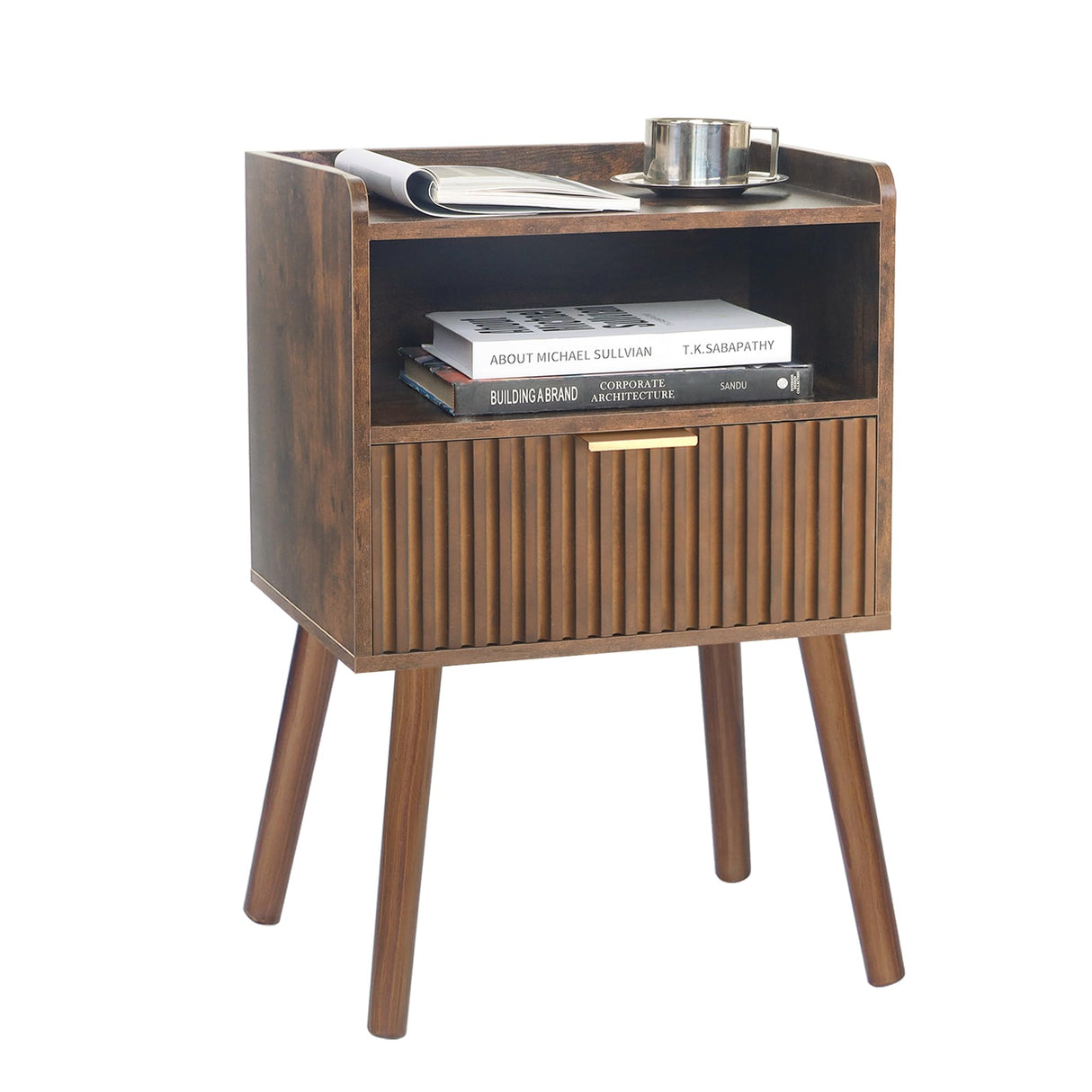 AWASEN Mid Century Modern Nightstand, Wood Bedside Table with Fluted Drawers, Rustic Night Stand Bed Side Table with Solid Wood for Living Room, Bedroom, Office and Small Space (Rustic Brown) AWASEN