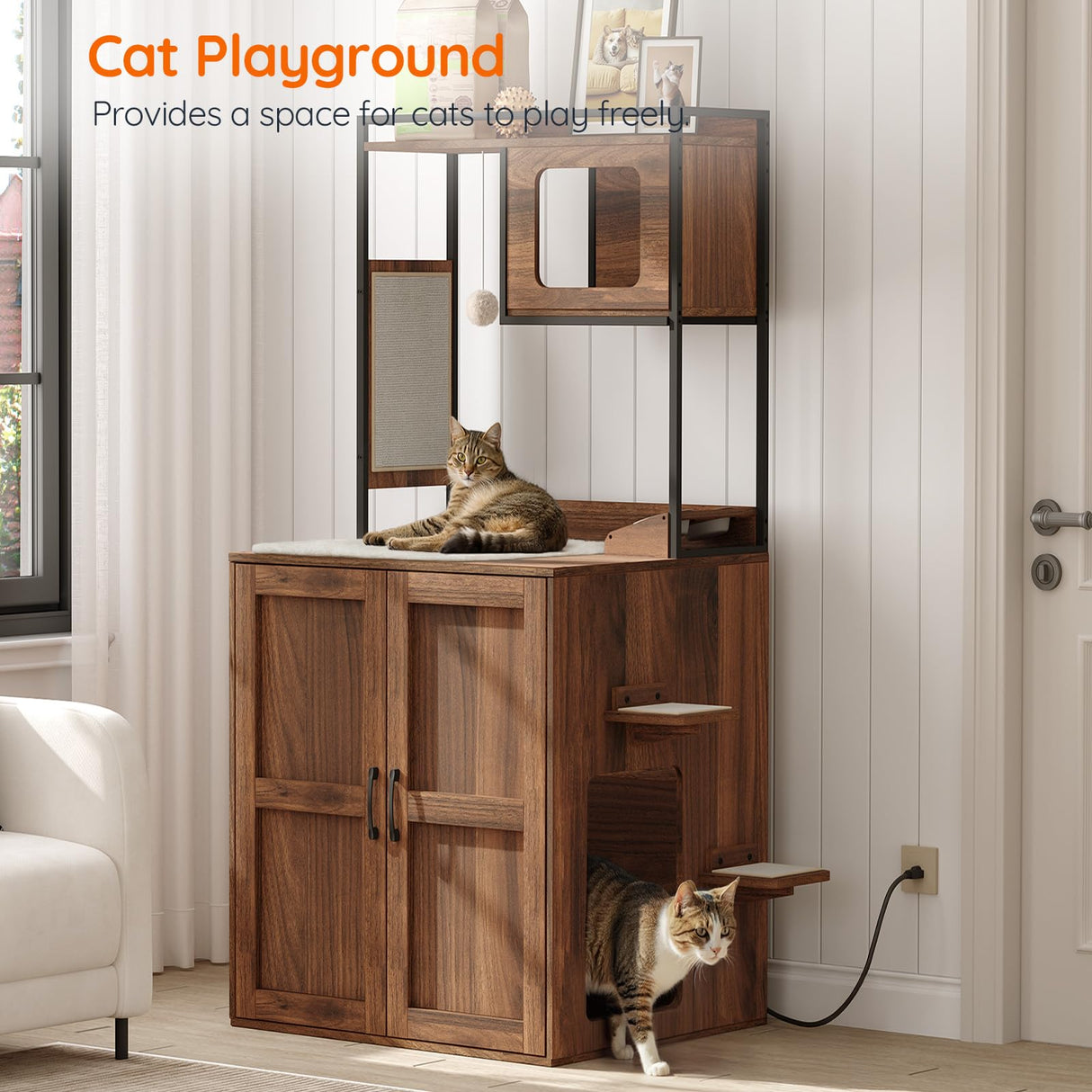 HOOBRO Cat Litter Robot Box Enclosure Furniture, 30.5" L x 26.8" W x 61" H, Hidden Automatic Litter Cabinet, Dog-Proof Shelf with Charging Station, Scratching Mat, Bowls, Cat House, Walnut WL68UMZ03 HOOBRO