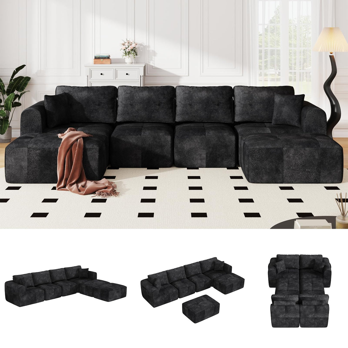 Squireewo 140" U-Shaped Sectional Sofa,4 Seat Modular Cloud Couch Boneless with 2 Convertible Ottomans & Deep Seat,No Assembly Required,Modern Chaise Lounge for Living Room,Chenille,Grayish-Black Squireewo