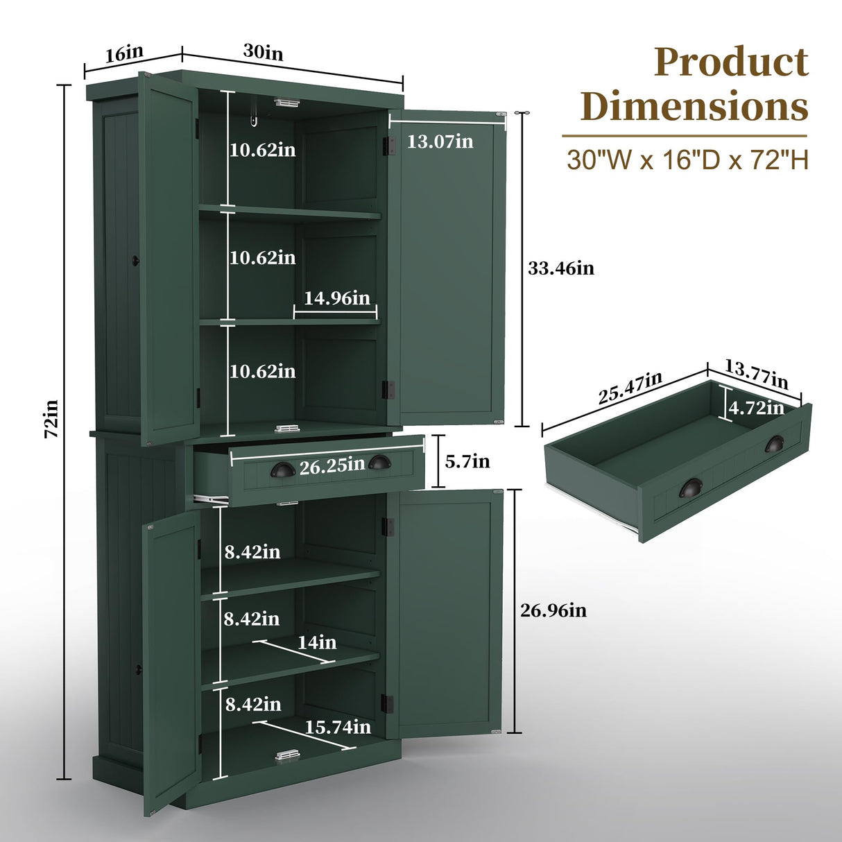 ARTPOWER 72" Tall Kitchen Pantry Storage Cabinet with Drawer and Adjustable Shelves, Pantry Cabinet for Kitchen, Bathroom or Hallway, Green ARTPOWER