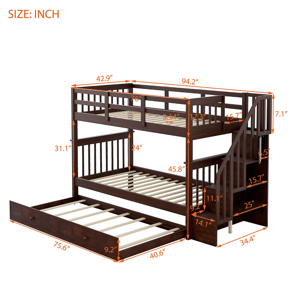 Harper & Bright Designs Twin Over Twin Bunk Bed with Trundle Bed and Storage Shelf, Kids Twin Size Bunk Bed with Stairs & Guard Rail, Wood Bunk Bed Frame for Kids, Teens, Adults,Espresso Harper & Bright Designs