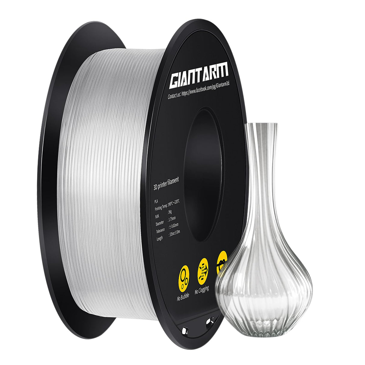 GIANTARM Clear PLA Filament, 1.75mm Transparent PLA 1kg Spool (2.2lbs), 3D Printer Filament with Vacuum Packaging GIANTARM